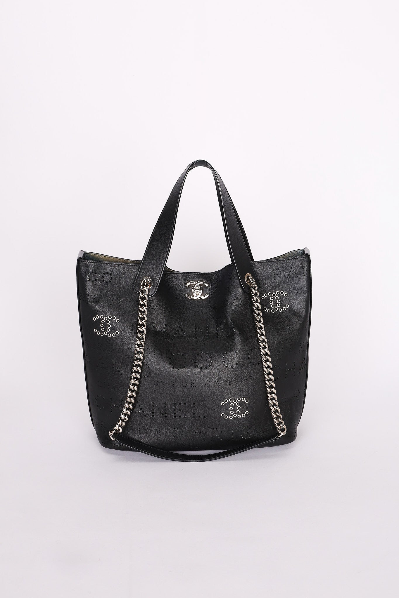 Chanel Logo Eyelets Shopping Tote Black Calfskin SHW