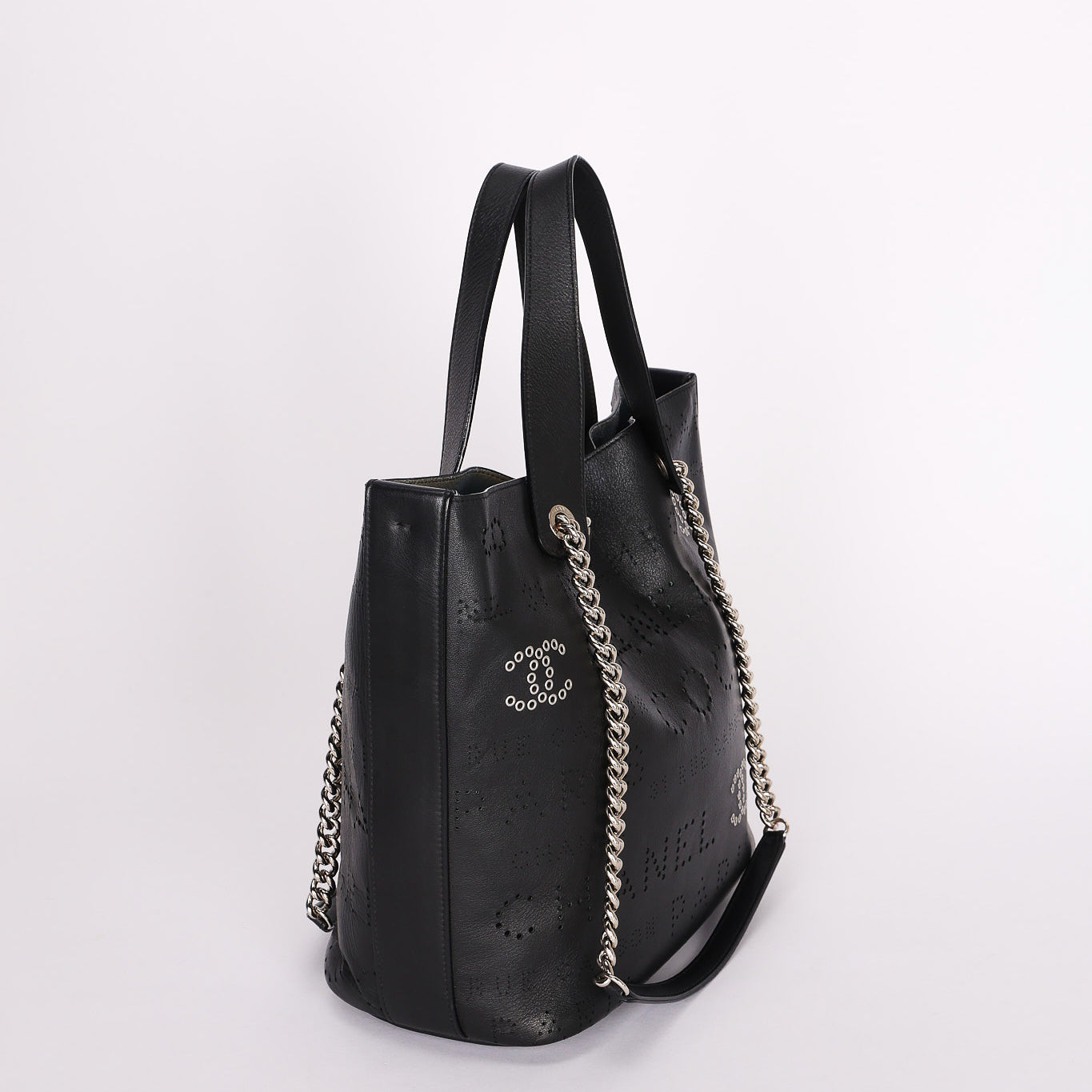 Chanel Logo Eyelets Shopping Tote Black Calfskin SHW