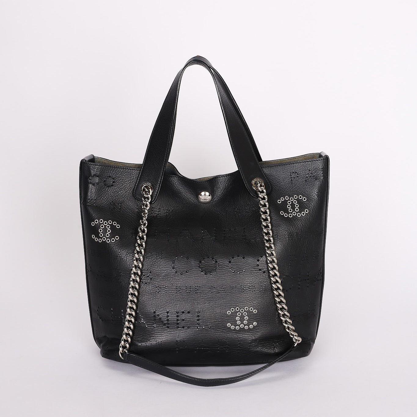 Chanel Logo Eyelets Shopping Tote Black Calfskin SHW