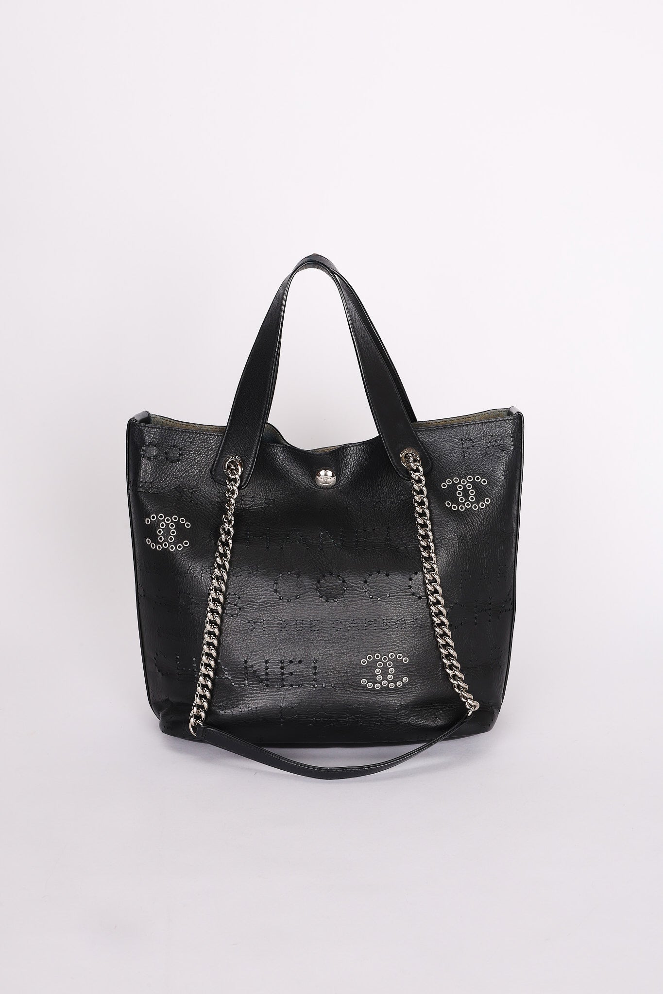 Chanel Logo Eyelets Shopping Tote Black Calfskin SHW