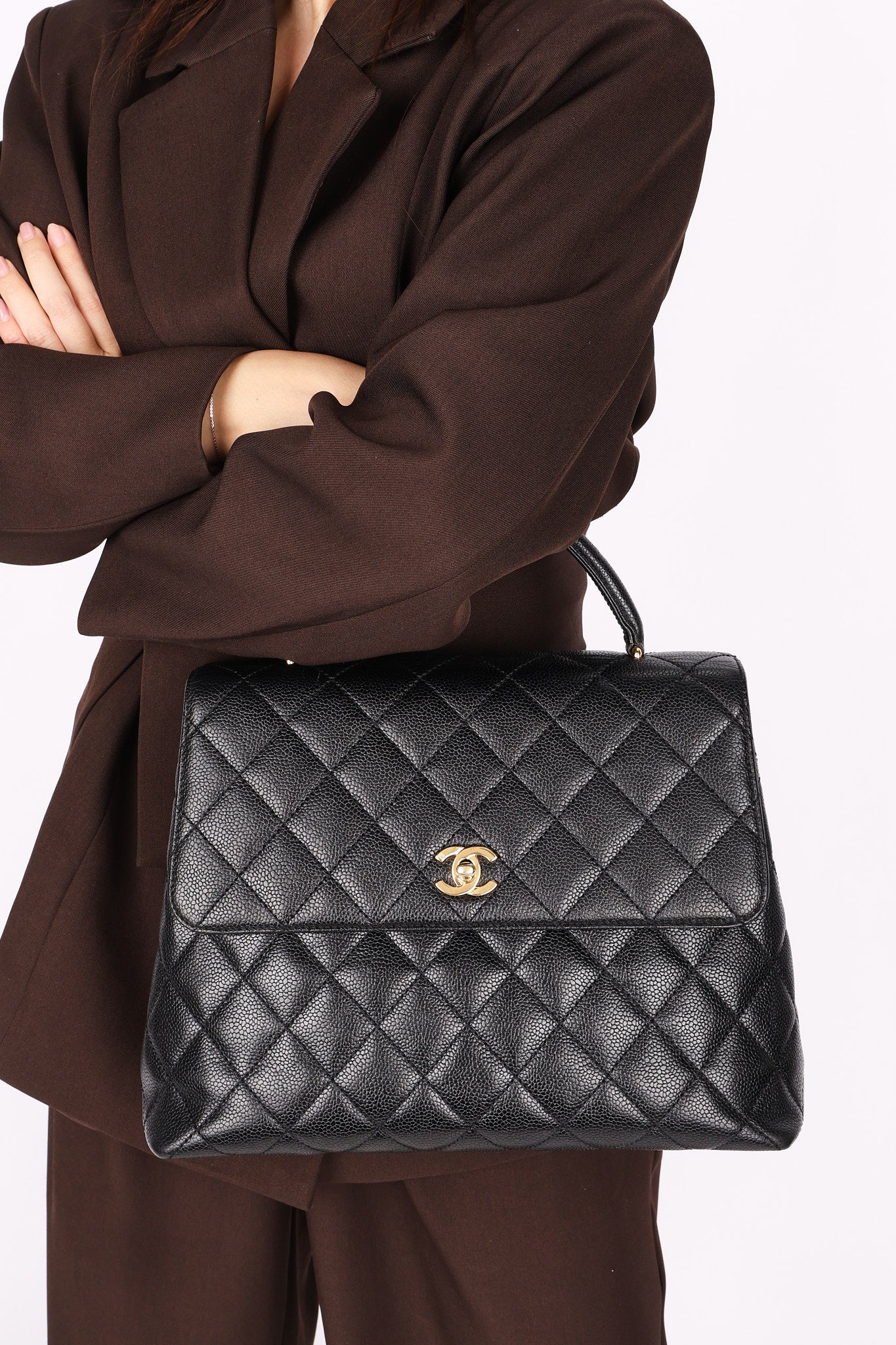 Chanel Kelly Turnlock Top Handle Bag Black Caviar 2002 24K GP