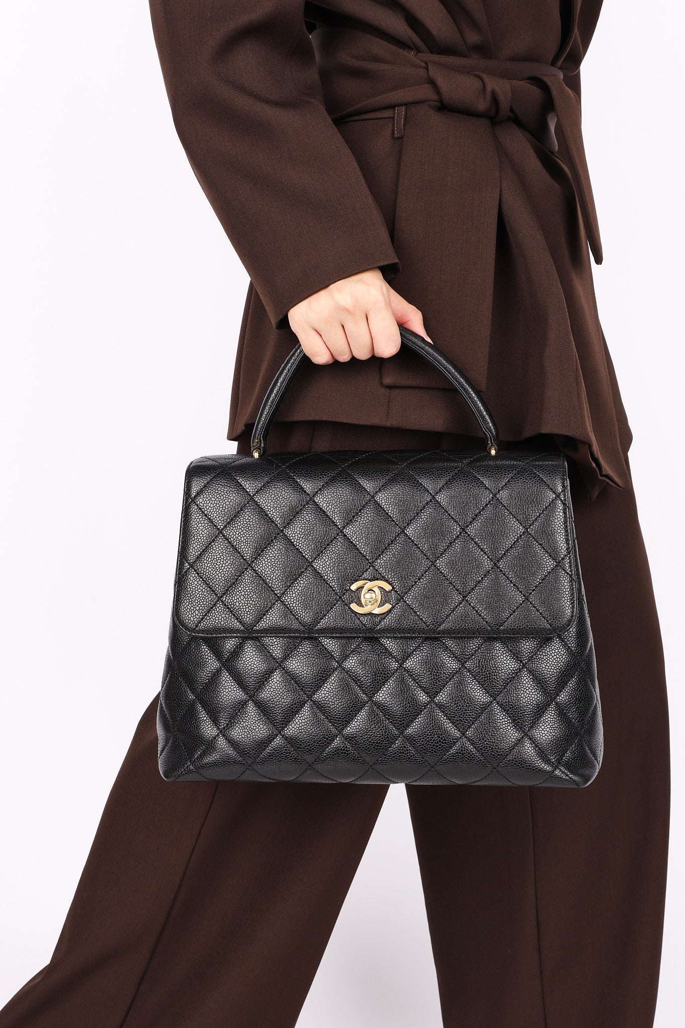 Chanel Kelly Turnlock Top Handle Bag Black Caviar 2002 24K GP