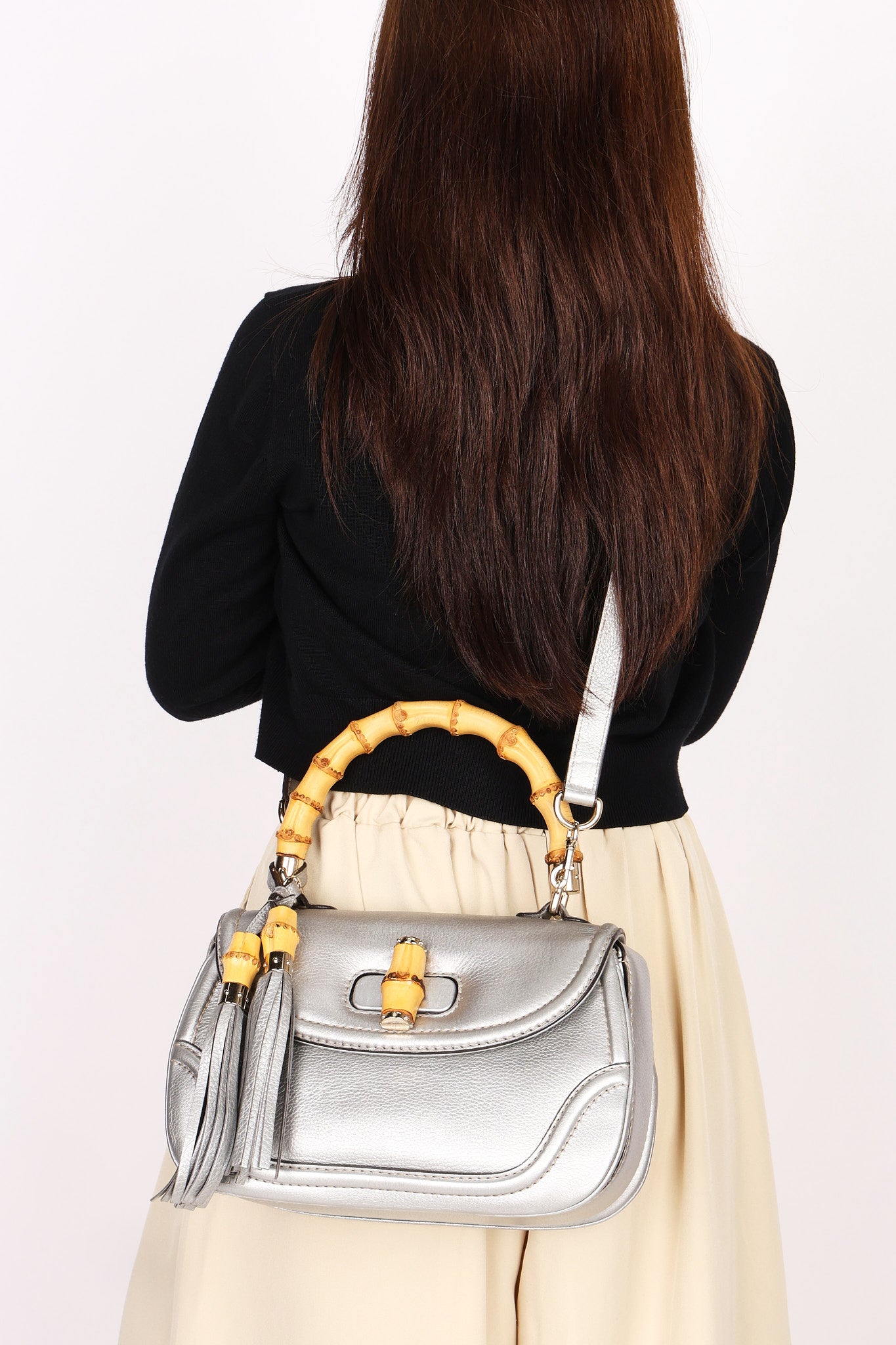 Gucci Bamboo Top Handle Bag Silver Metallic