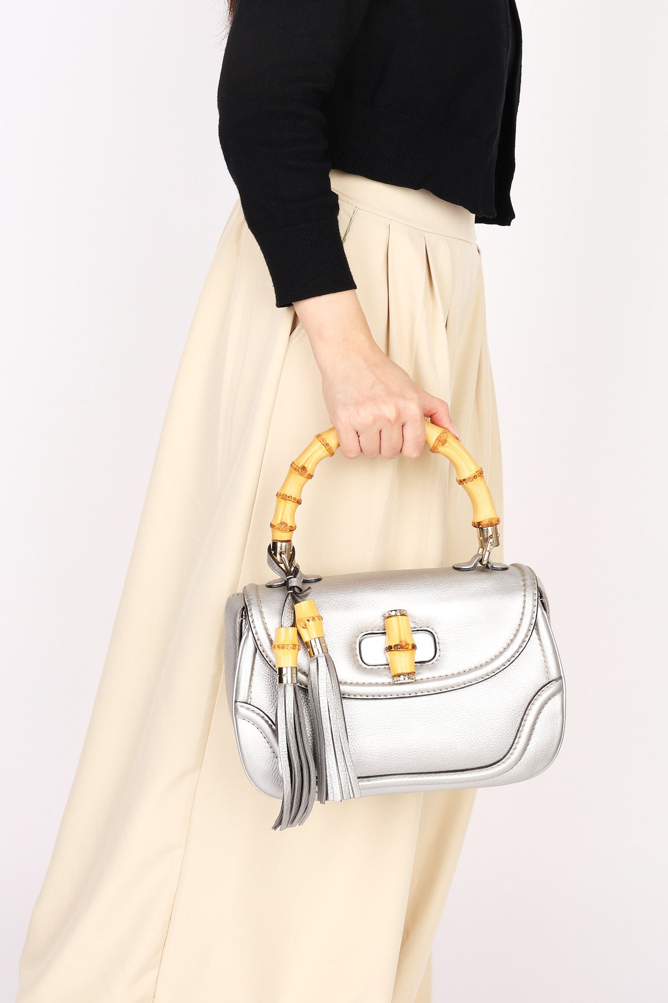 Gucci Bamboo Top Handle Bag Silver Metallic