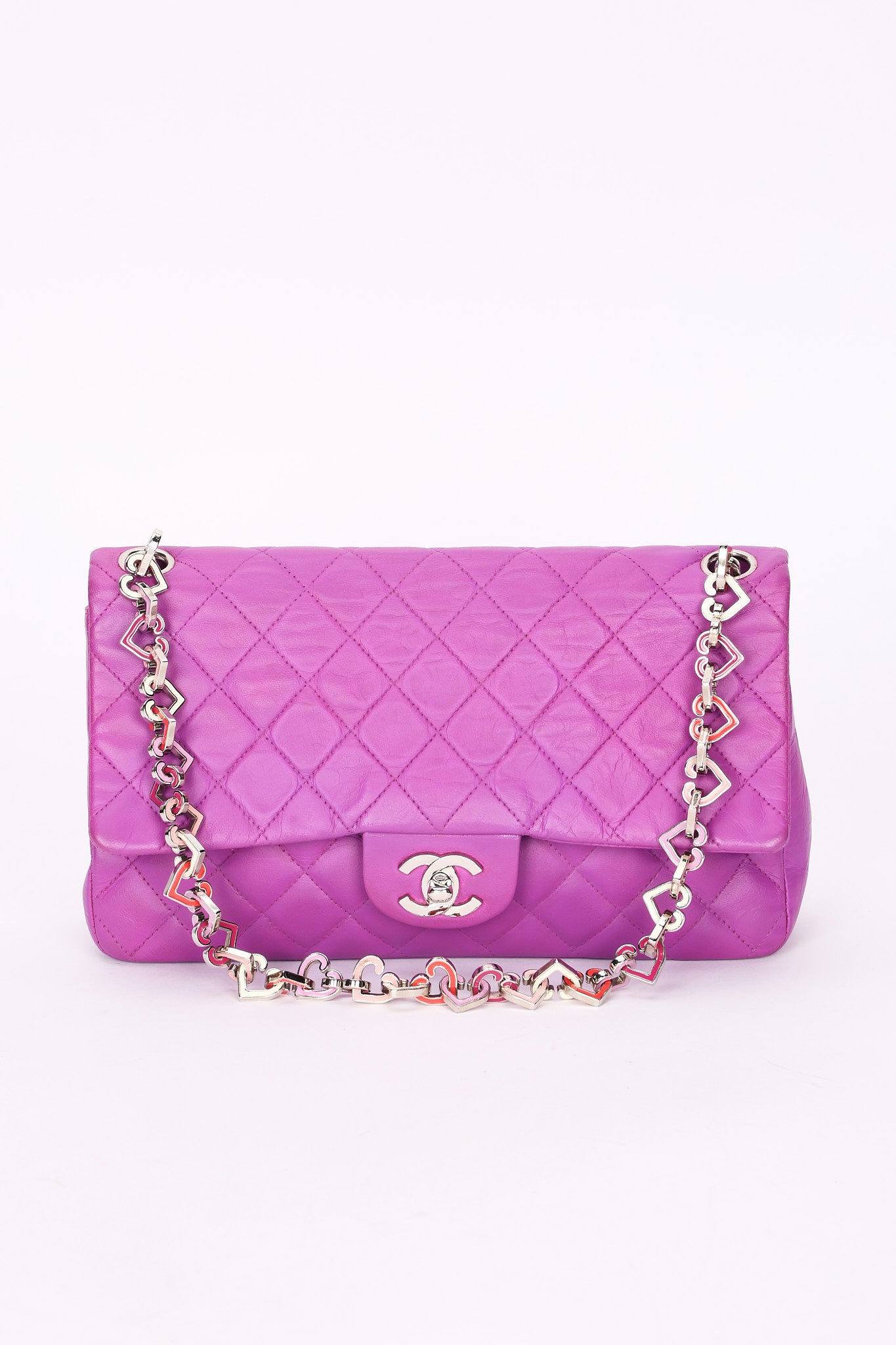 Rare Chanel Valentine Heart Chain Medium Classic Single Flap Purple Lambskin 2004 SHW