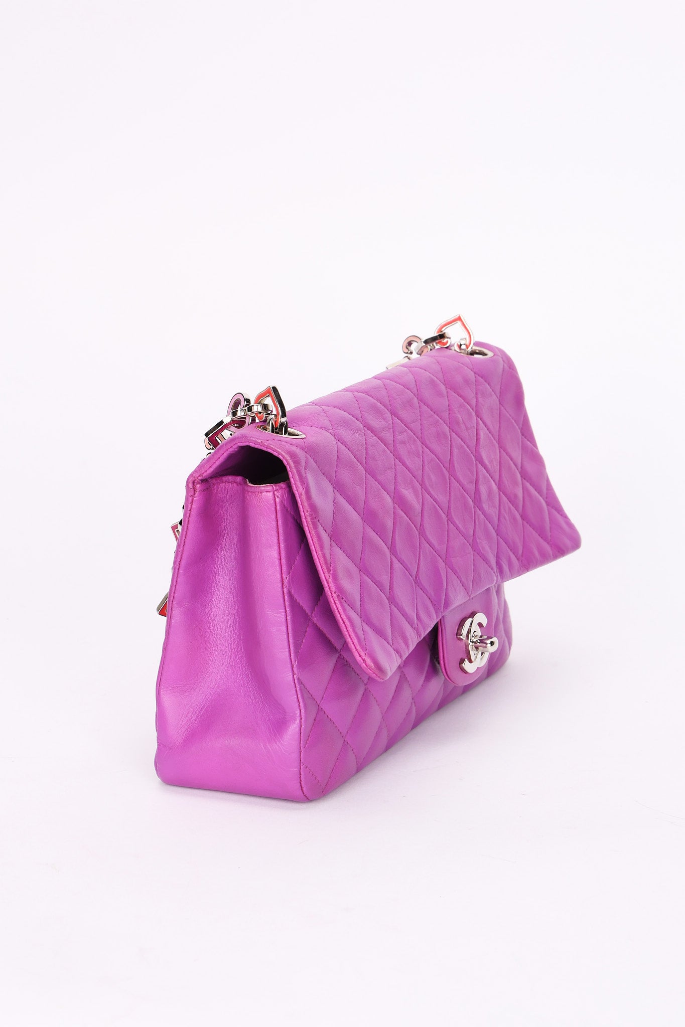 Rare Chanel Valentine Heart Chain Medium Classic Single Flap Purple Lambskin 2004 SHW