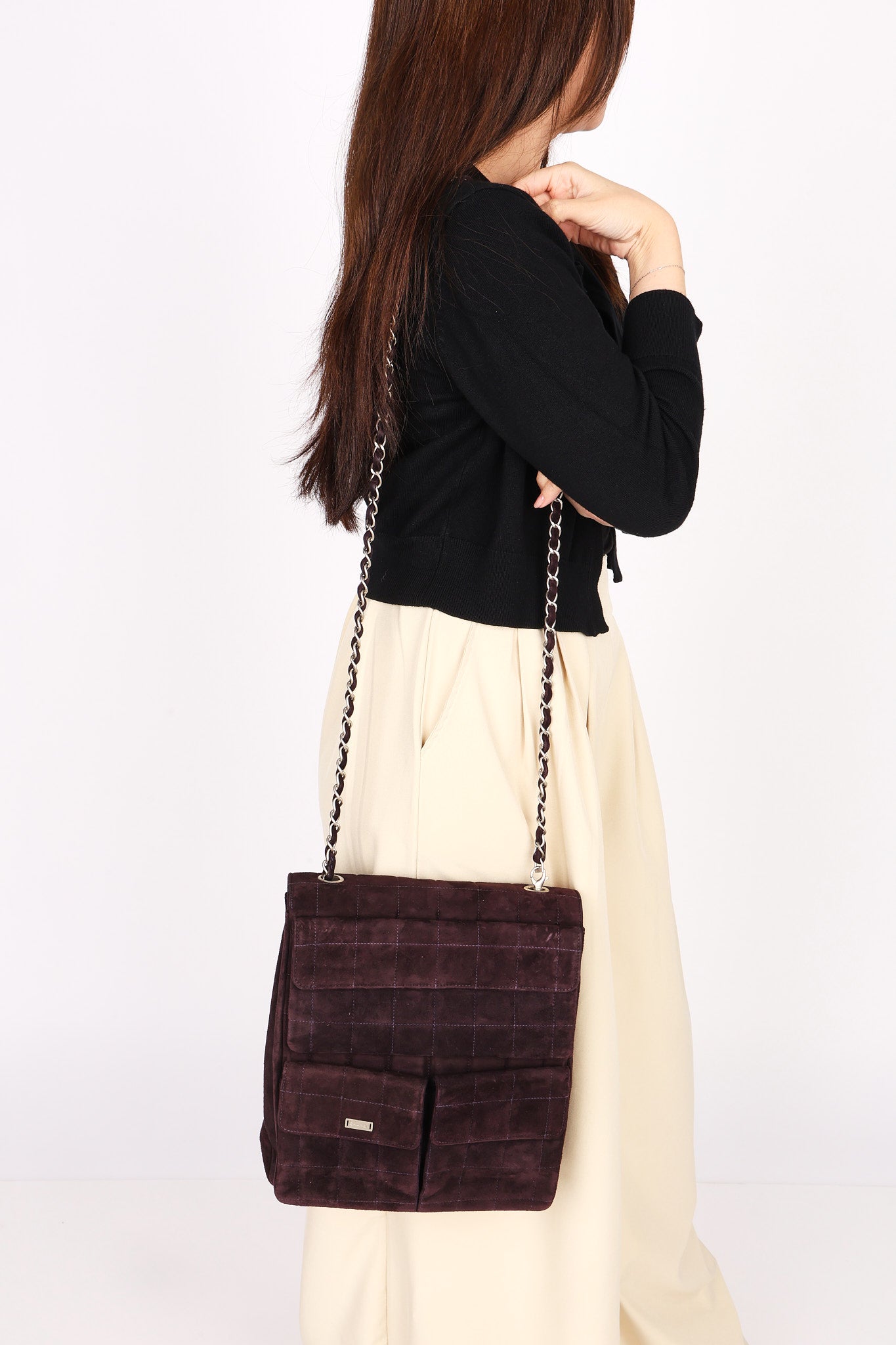Chanel Mademoiselle Chocolate Bar Shoulder Bag Dark Purple Suede BSHW