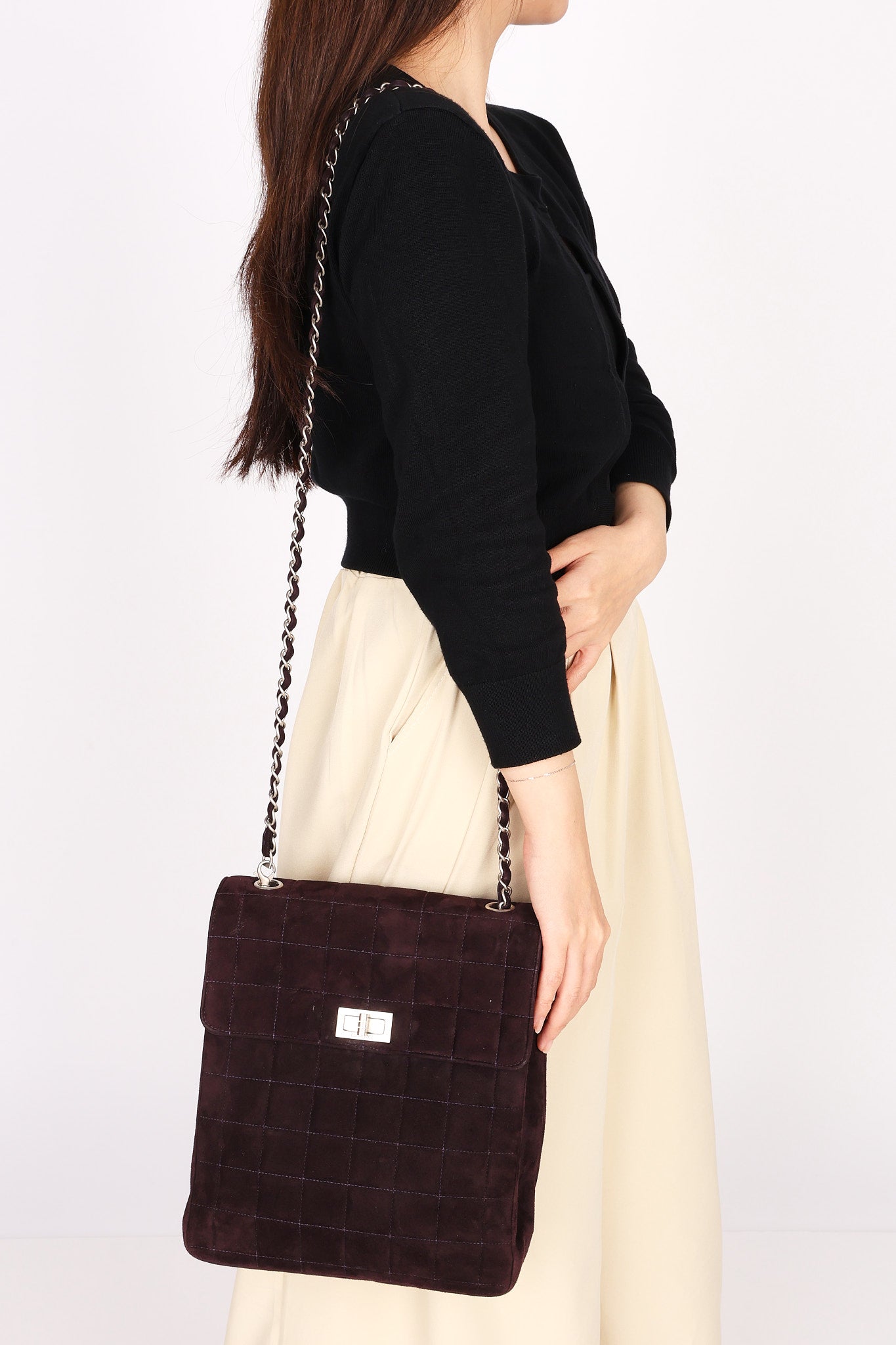 Chanel Mademoiselle Chocolate Bar Shoulder Bag Dark Purple Suede BSHW