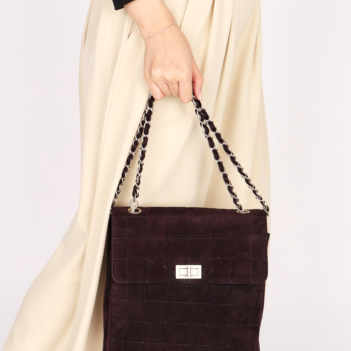 Chanel Mademoiselle Chocolate Bar Shoulder Bag Dark Purple Suede BSHW