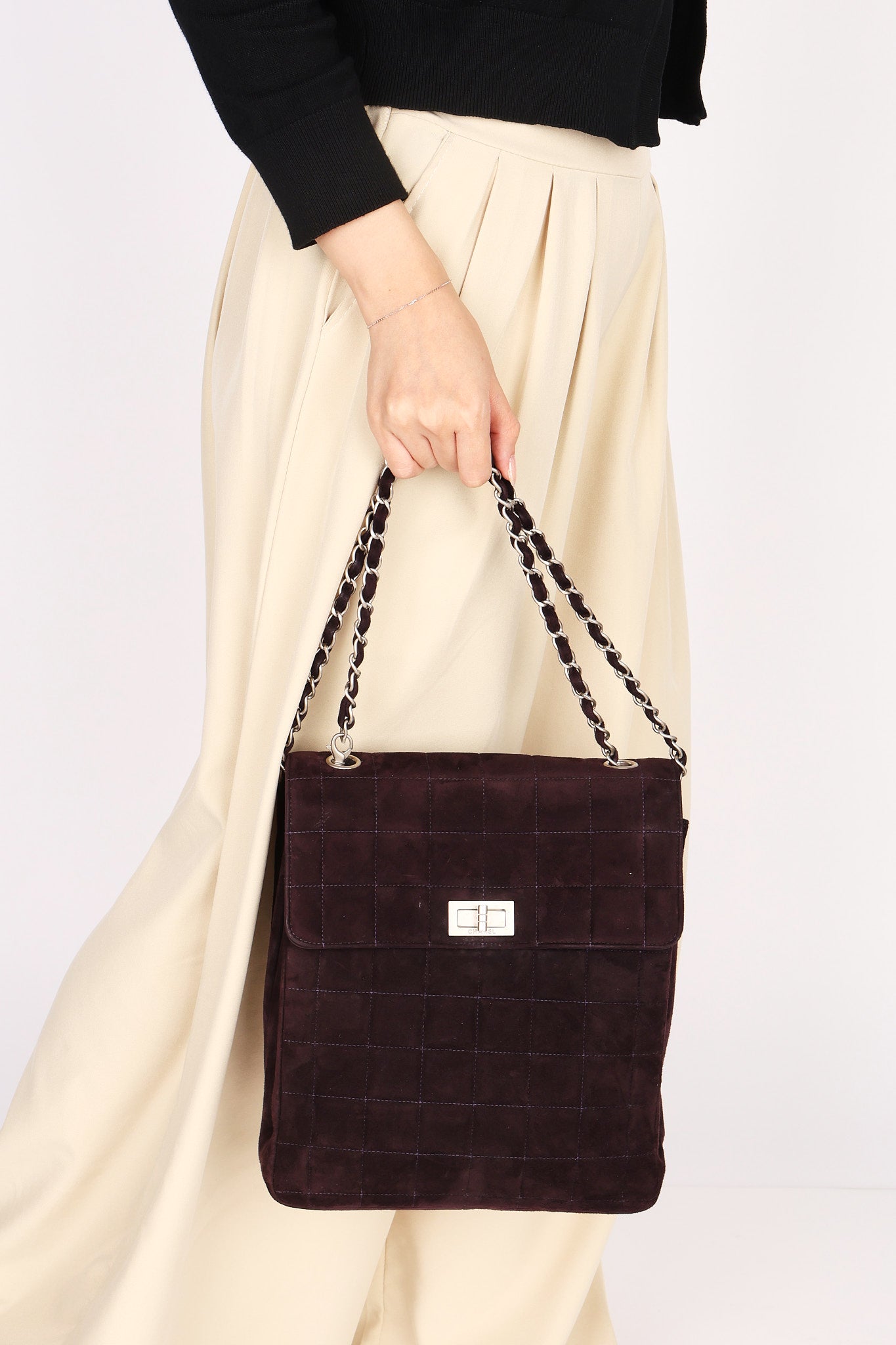 Chanel Mademoiselle Chocolate Bar Shoulder Bag Dark Purple Suede BSHW