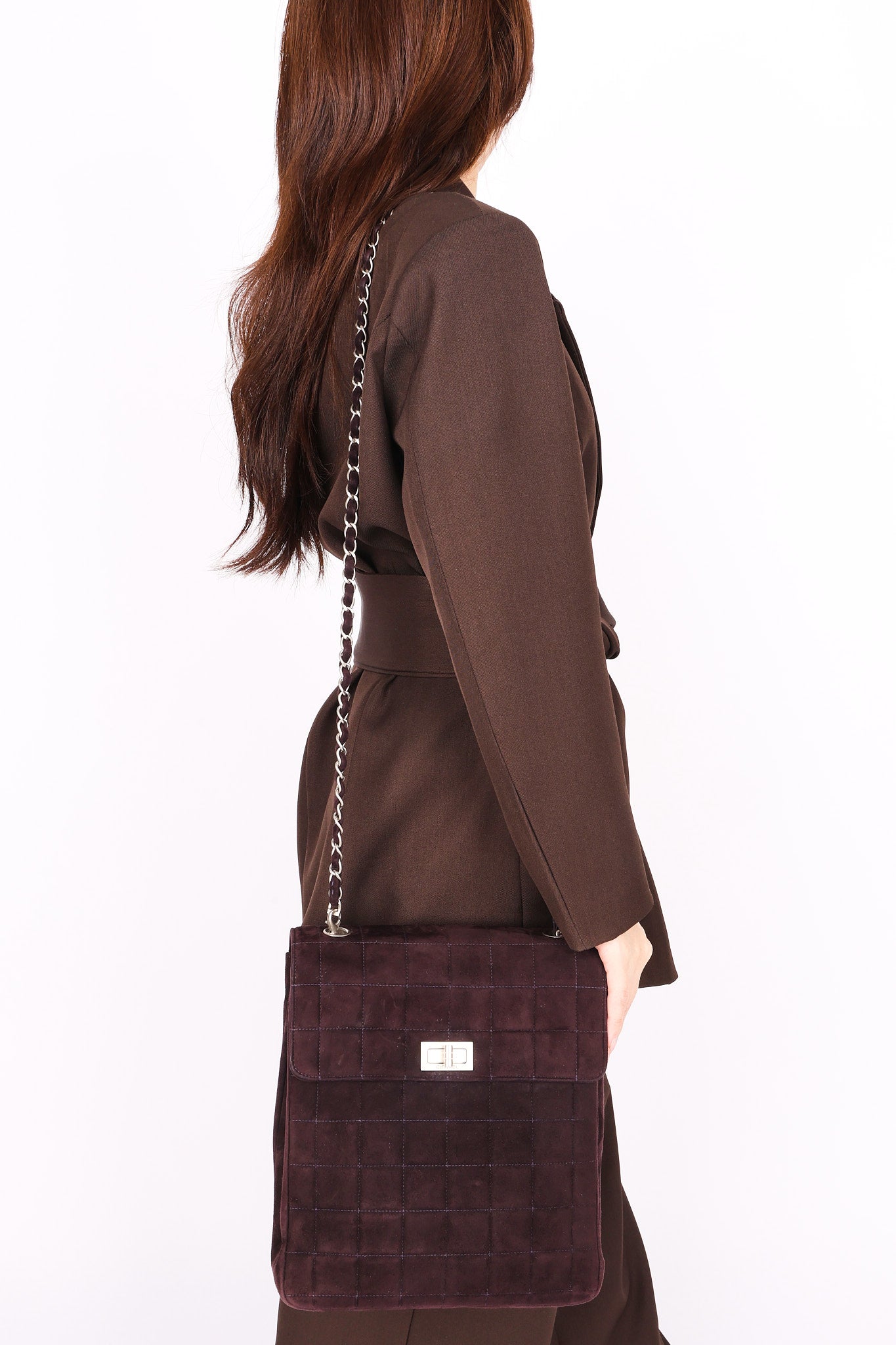 Chanel Mademoiselle Chocolate Bar Shoulder Bag Dark Purple Suede 1996 BSHW