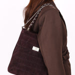 Chanel Mademoiselle Chocolate Bar Shoulder Bag Dark Purple Suede 1996 BSHW