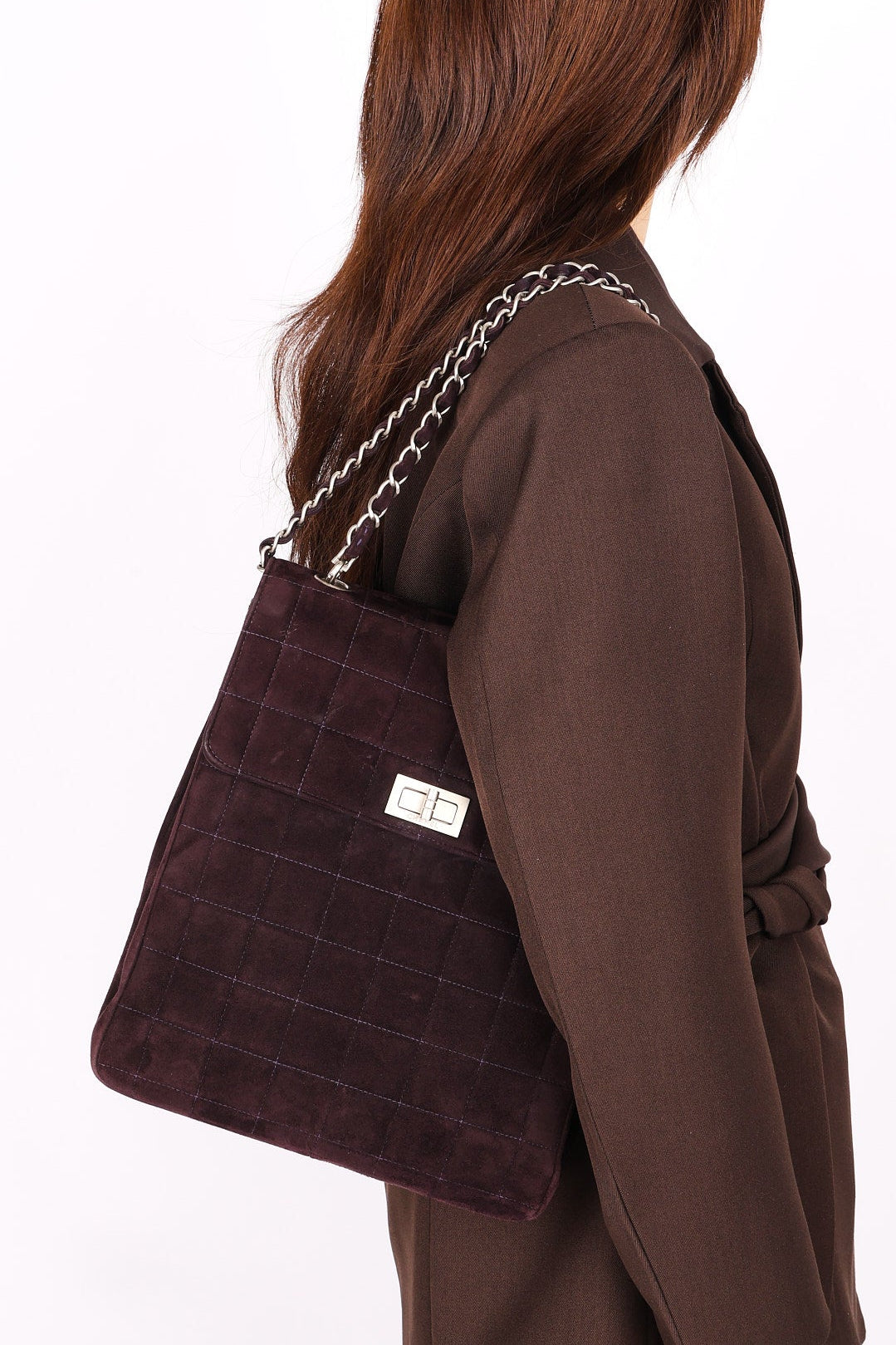 Chanel Mademoiselle Chocolate Bar Shoulder Bag Dark Purple Suede 1996 BSHW