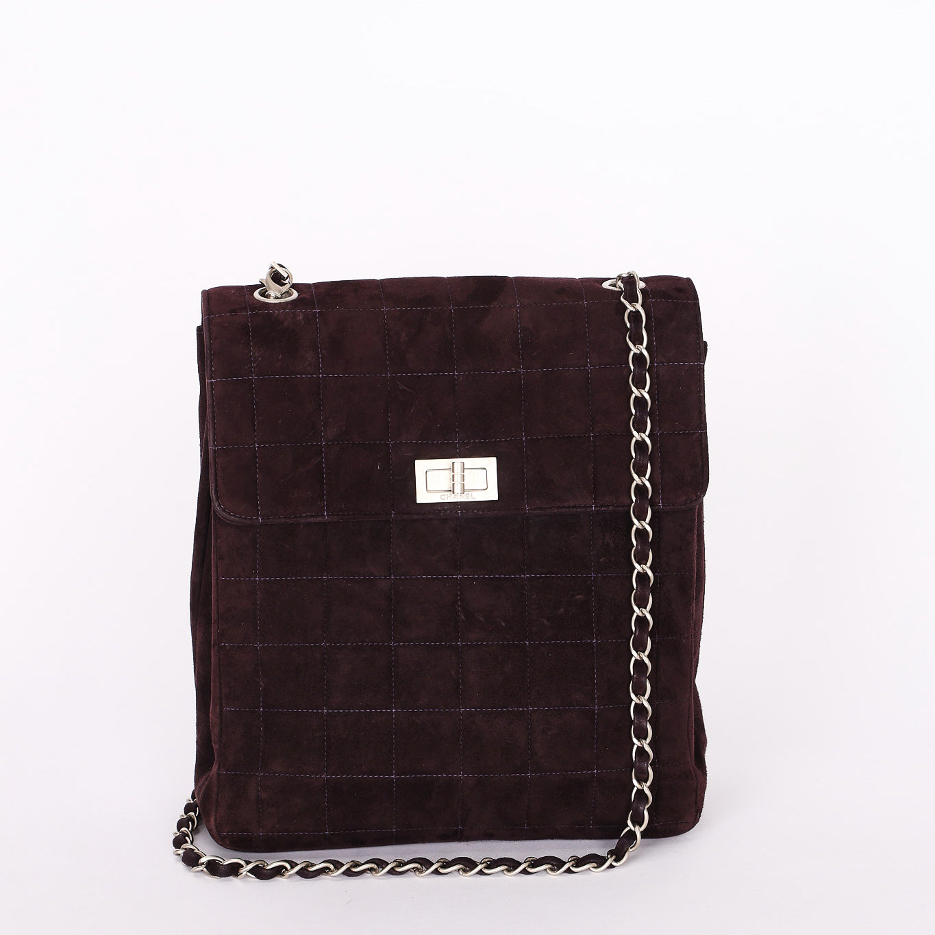 Chanel Mademoiselle Chocolate Bar Shoulder Bag Dark Purple Suede BSHW
