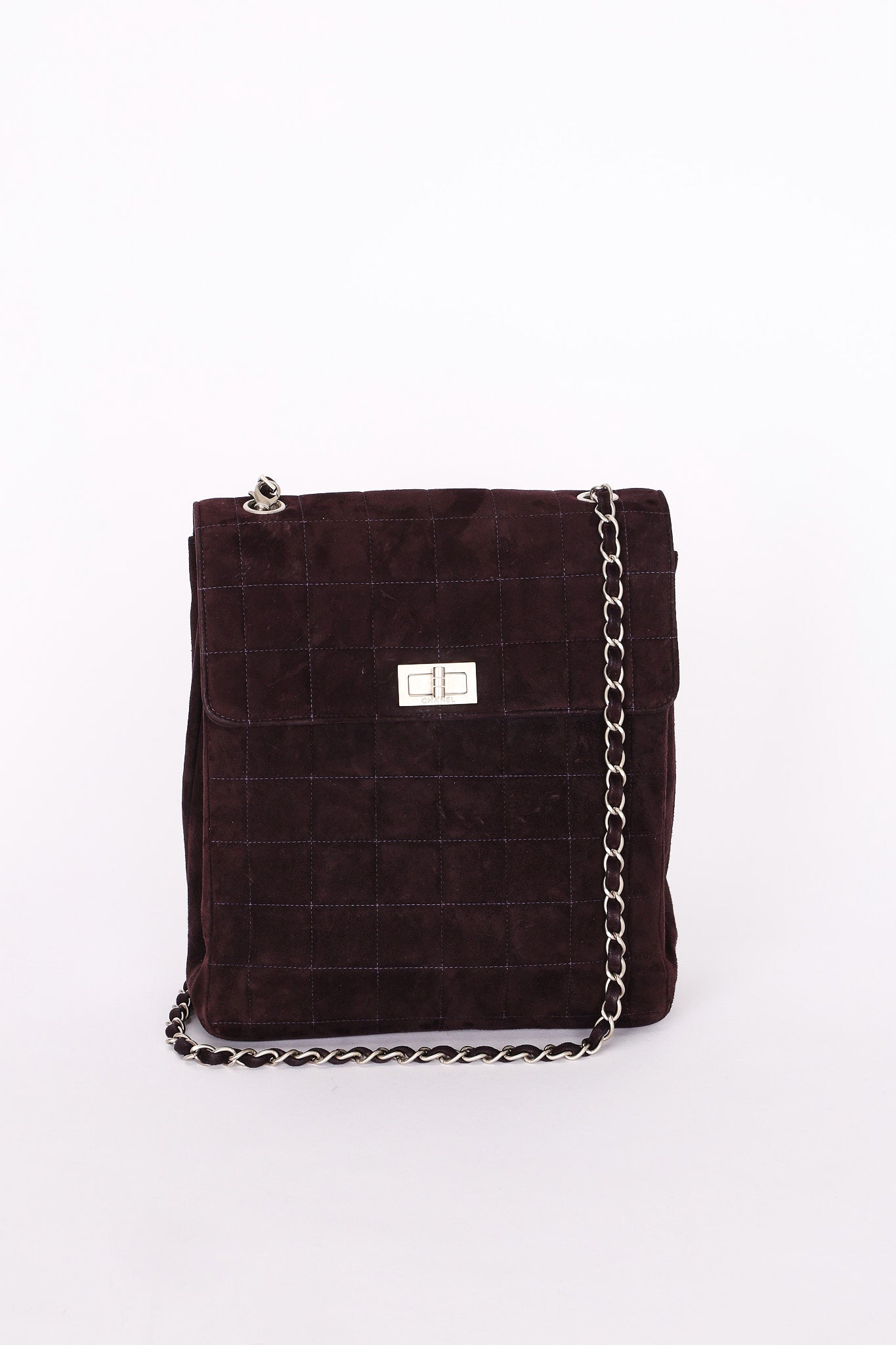 Chanel Mademoiselle Chocolate Bar Shoulder Bag Dark Purple Suede BSHW