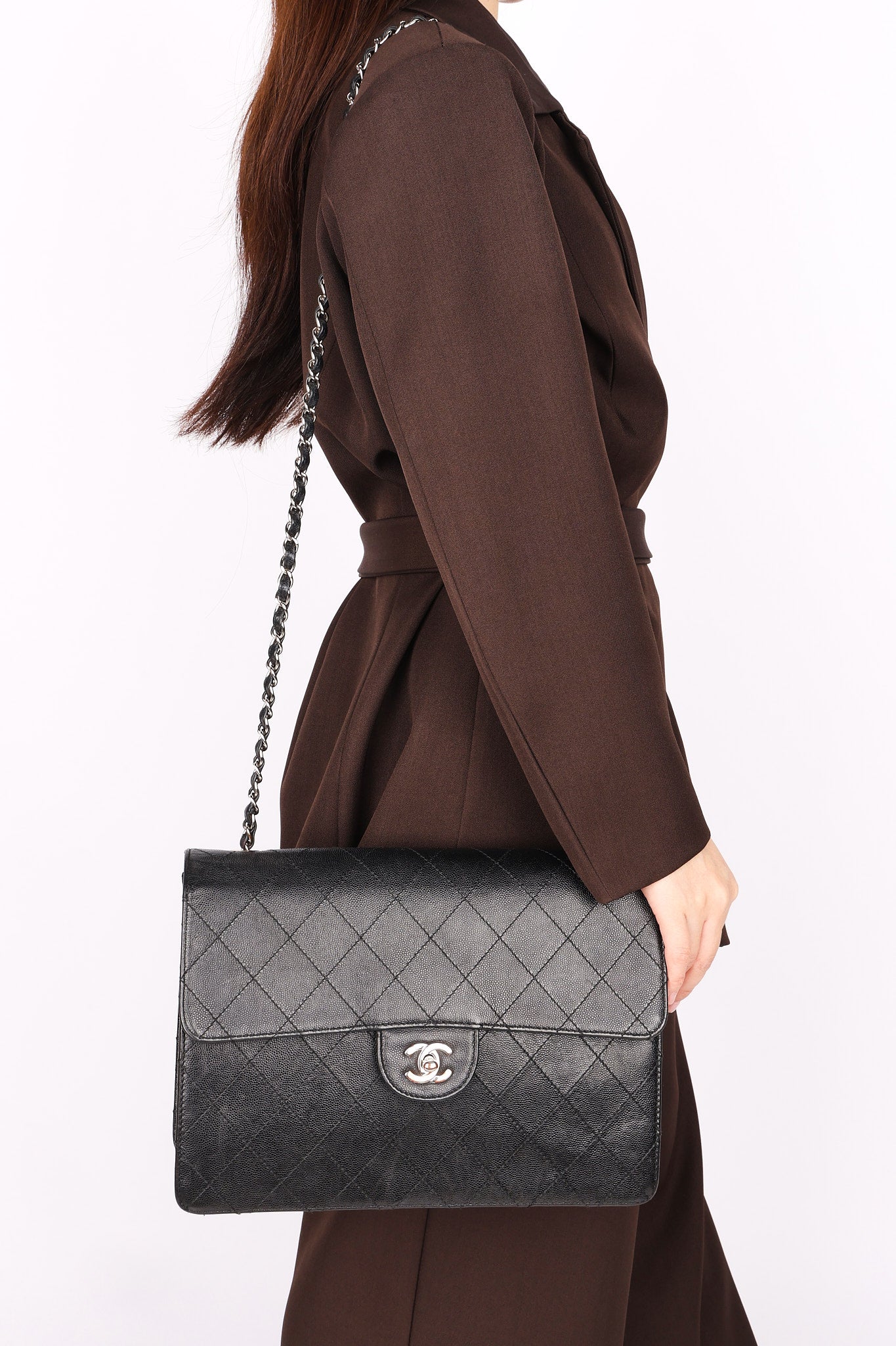 Ultra-Rare Chanel Jumbo Classic Single Flap Sellier Style Black Caviar 1997 SHW