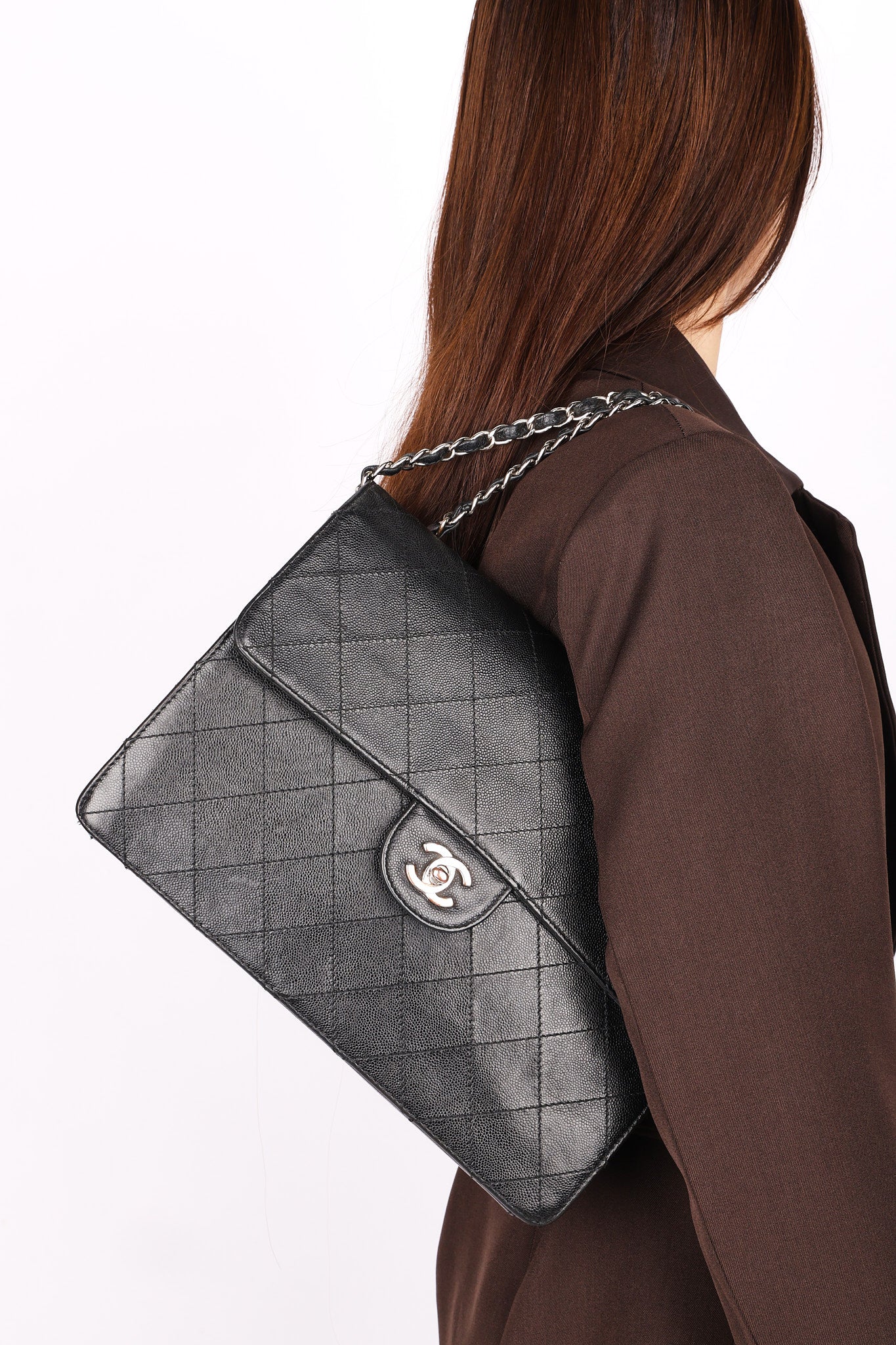 Ultra-Rare Chanel Jumbo Classic Single Flap Sellier Style Black Caviar 1997 SHW