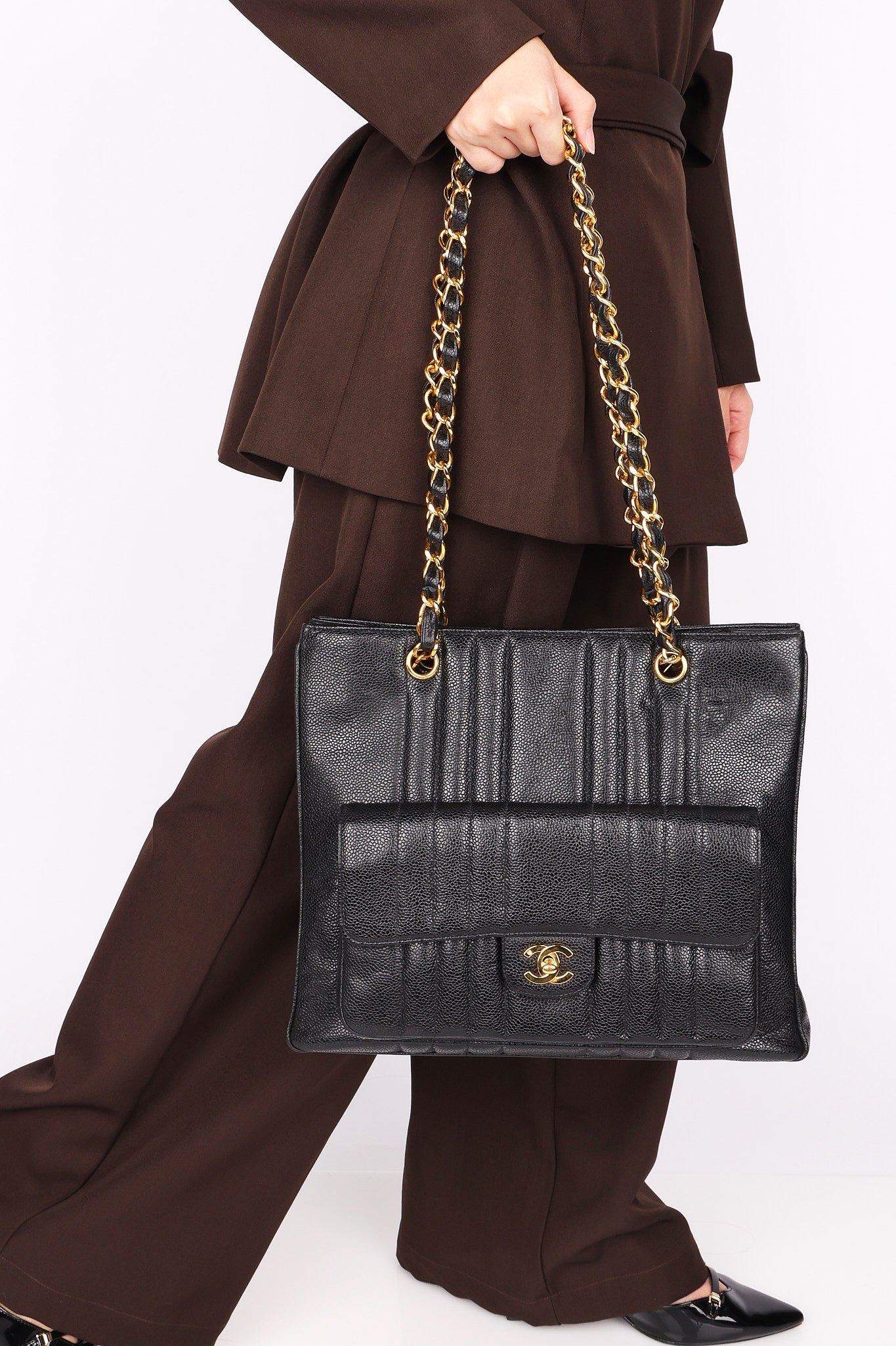 Ultra-Rare Chanel Mademoiselle Turnlock Front Pocket Tote Black Caviar 1995 24K GP