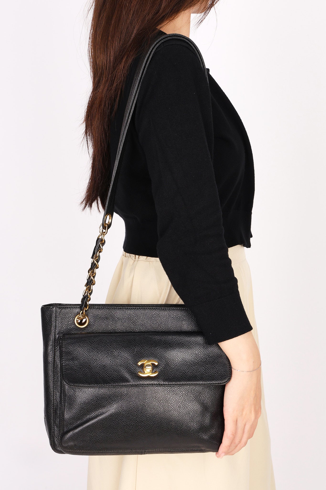 Chanel Turnlock Front Pocket Shoulder Bag Black Caviar 24K GP