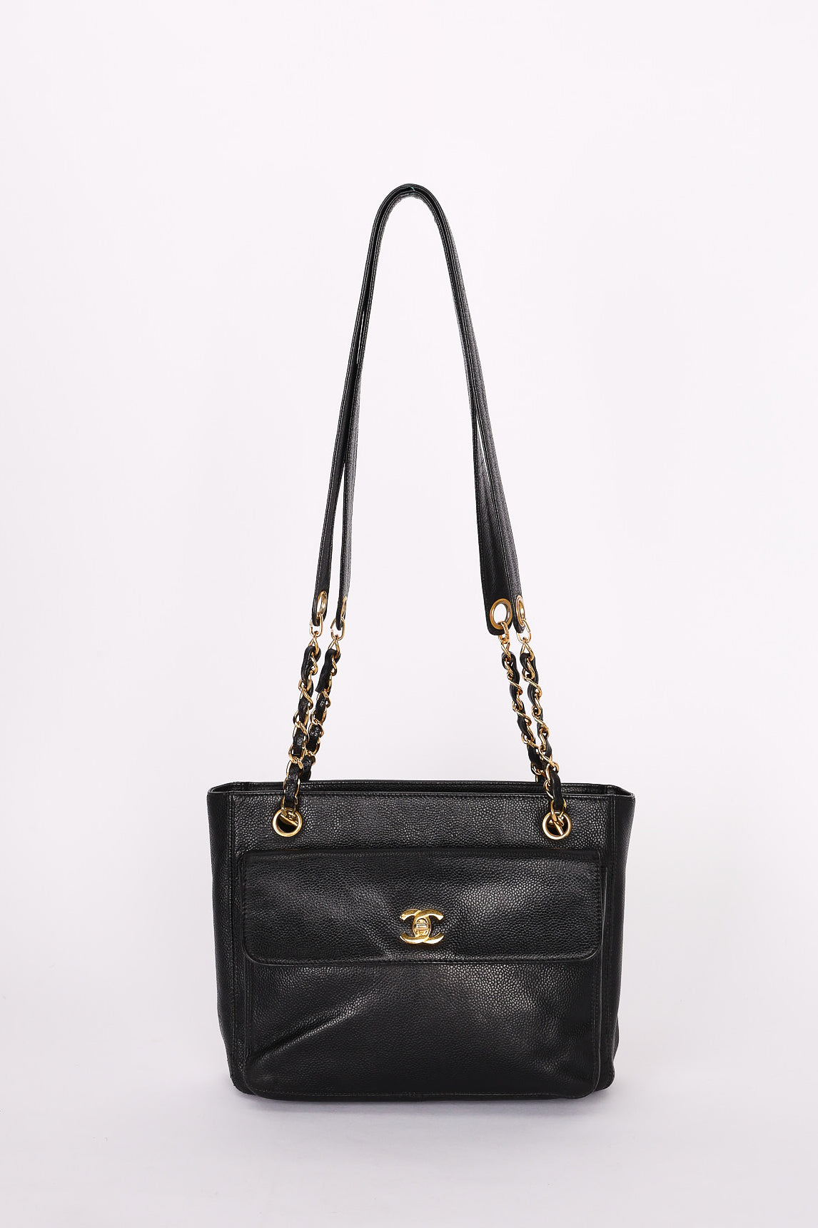 Chanel Turnlock Front Pocket Shoulder Bag Black Caviar 24K GP