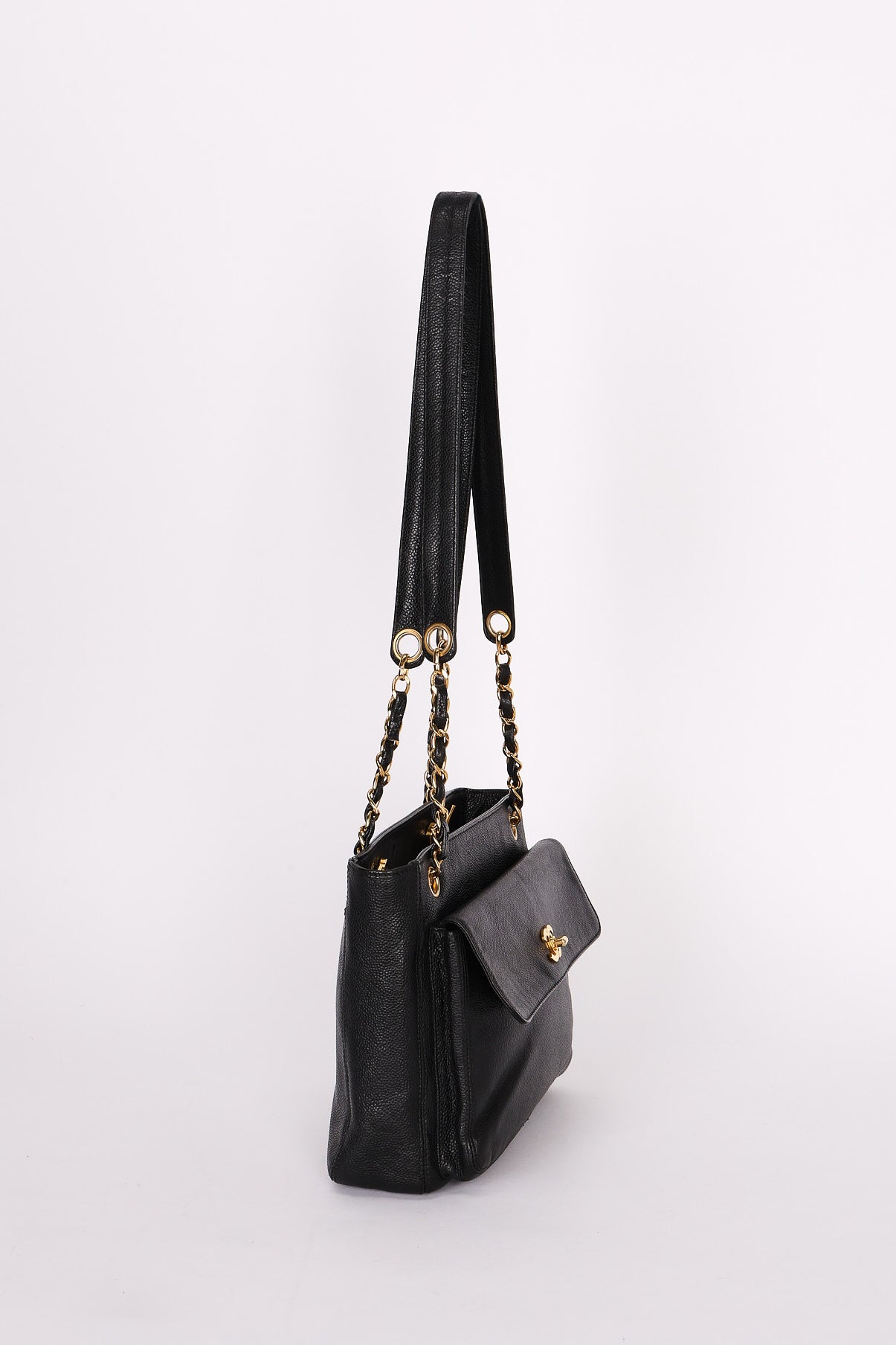 Chanel Turnlock Front Pocket Shoulder Bag Black Caviar 24K GP