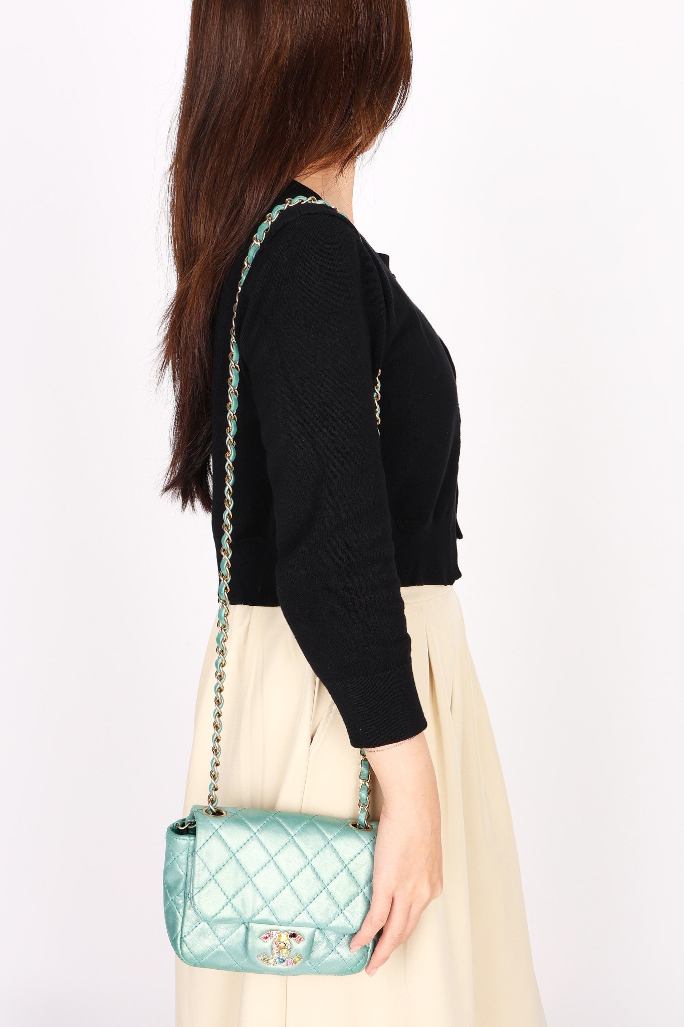 Chanel Precious Jewels Mini Square Flap Metallic Teal BGHW