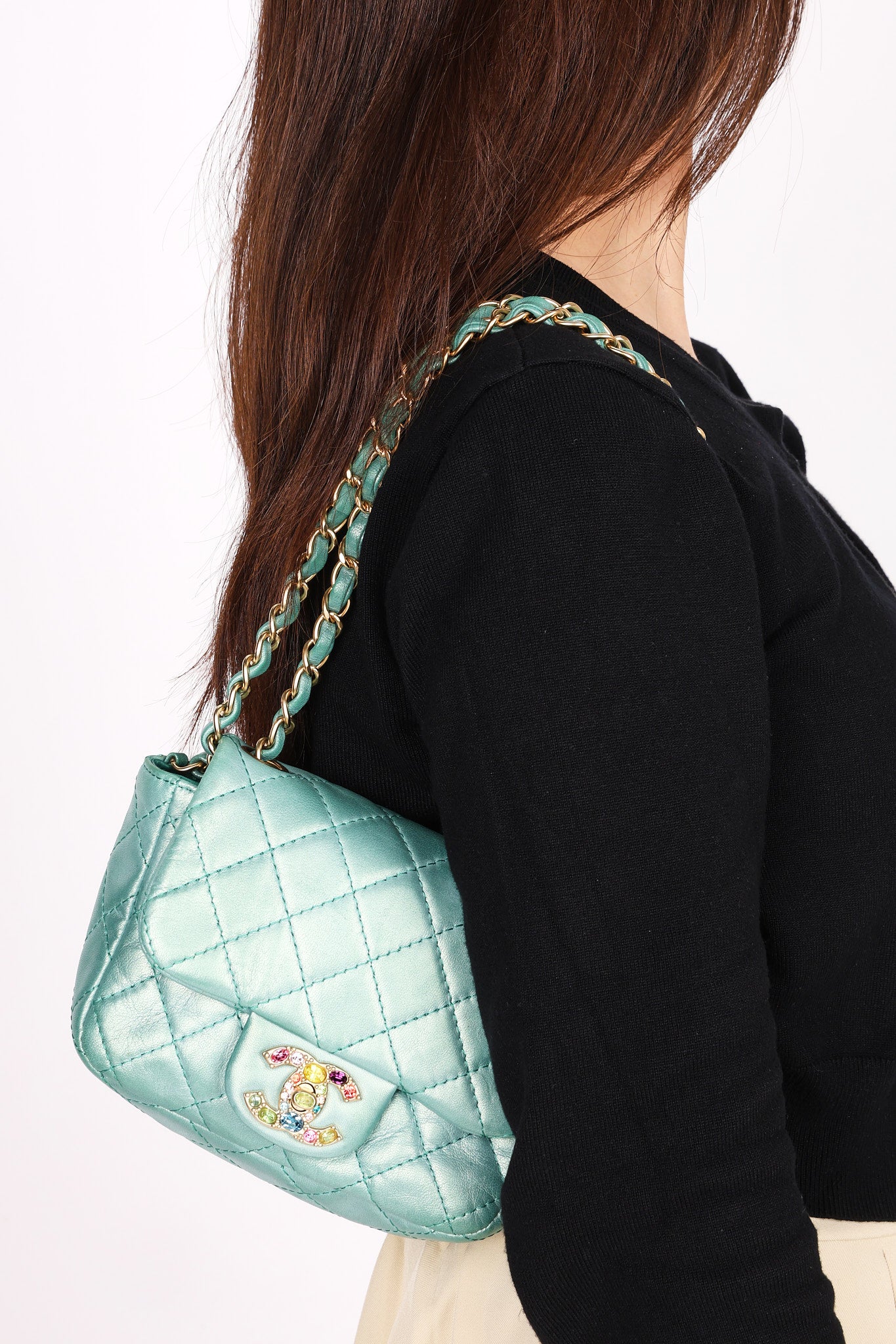 Chanel Precious Jewels Mini Square Flap Metallic Teal BGHW