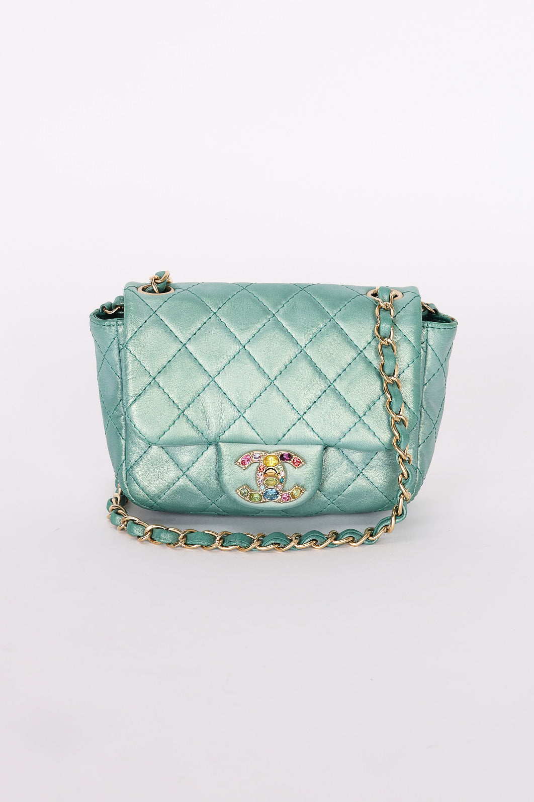 Chanel Precious Jewels Mini Square Flap Metallic Teal BGHW