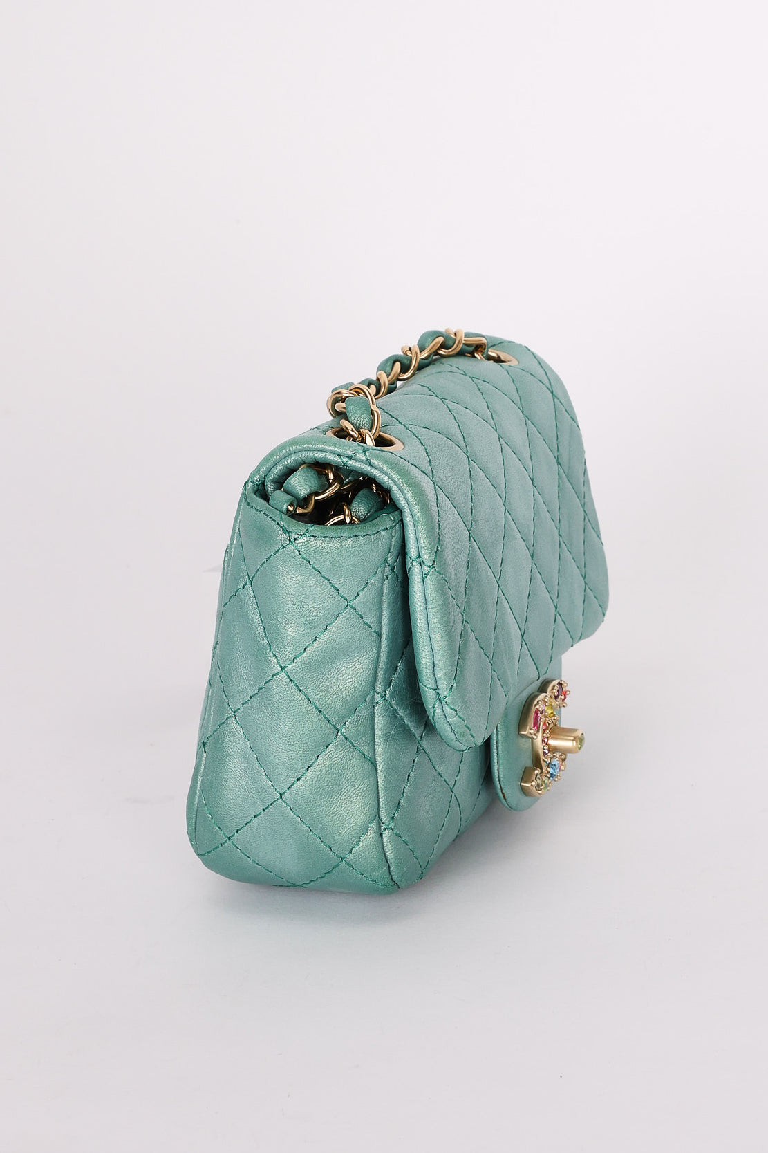 Chanel Precious Jewels Mini Square Flap Metallic Teal BGHW