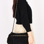 Chanel Accordion Flap Shoulder Bag Black Suede AGHW