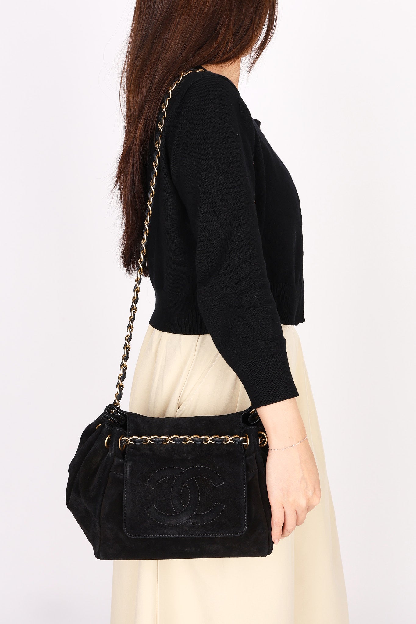 Chanel Accordion Flap Shoulder Bag Black Suede AGHW
