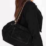 Chanel Accordion Flap Shoulder Bag Black Suede AGHW