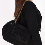 Chanel Accordion Flap Shoulder Bag Black Suede AGHW