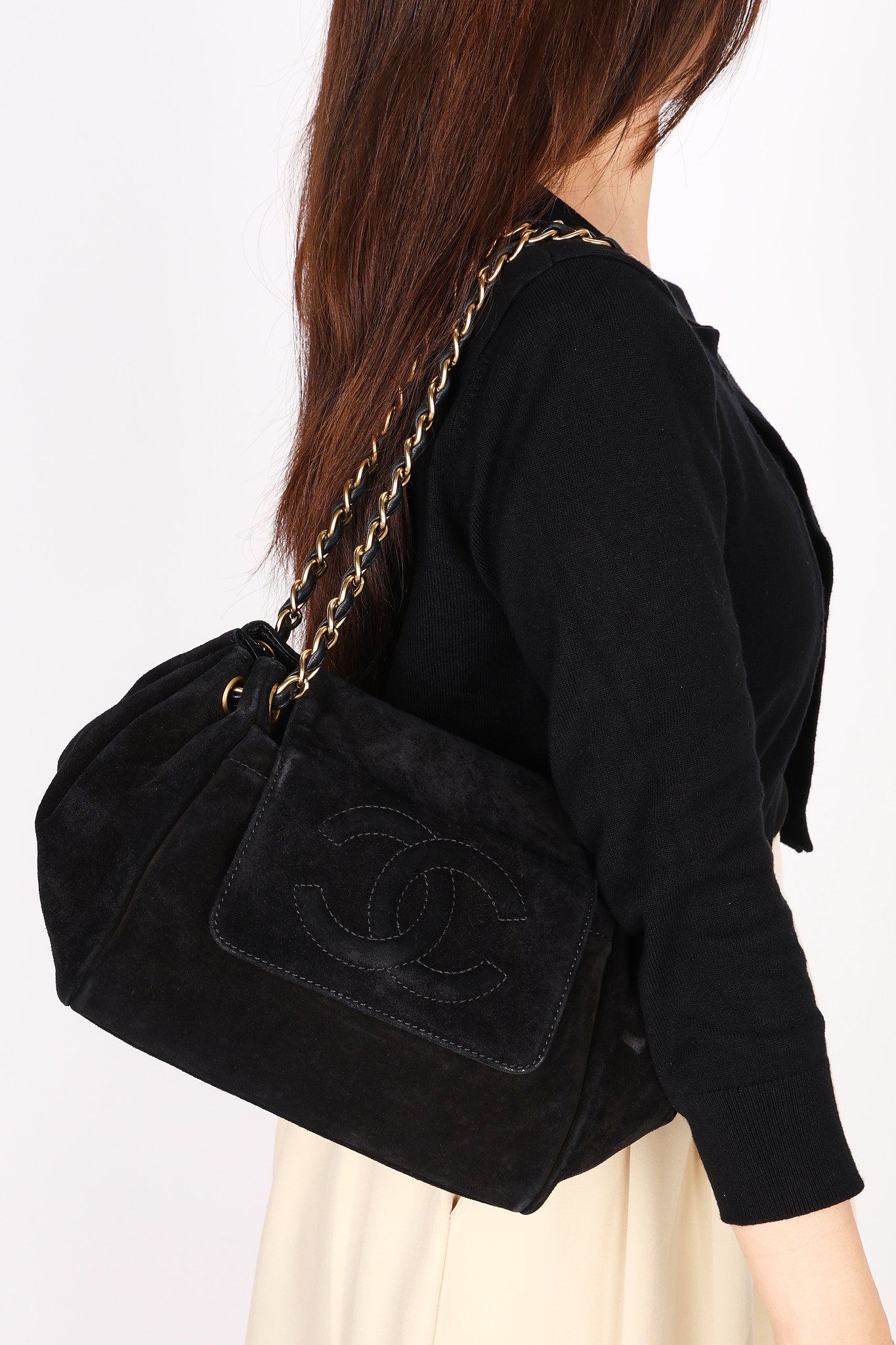 Chanel Accordion Flap Shoulder Bag Black Suede AGHW