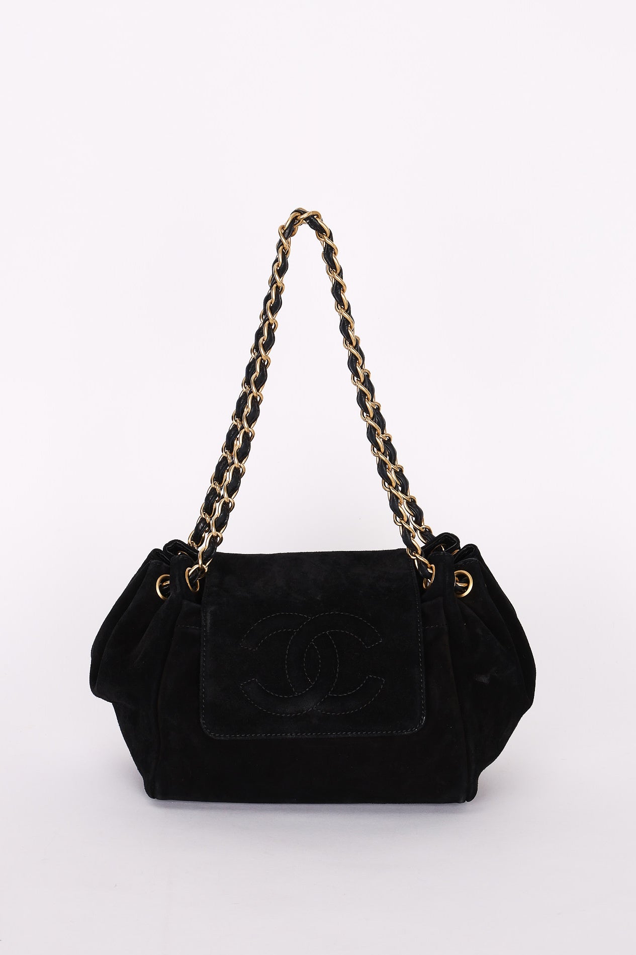 Chanel Accordion Flap Shoulder Bag Black Suede AGHW