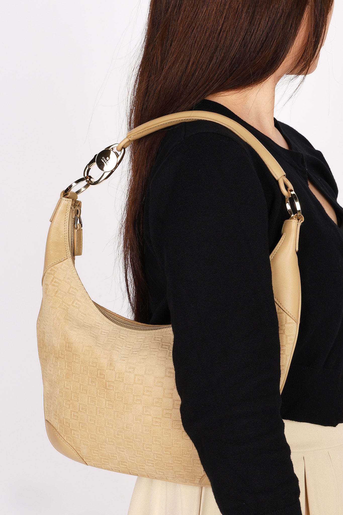 Gucci G Monogram Suede Shoulder Bag