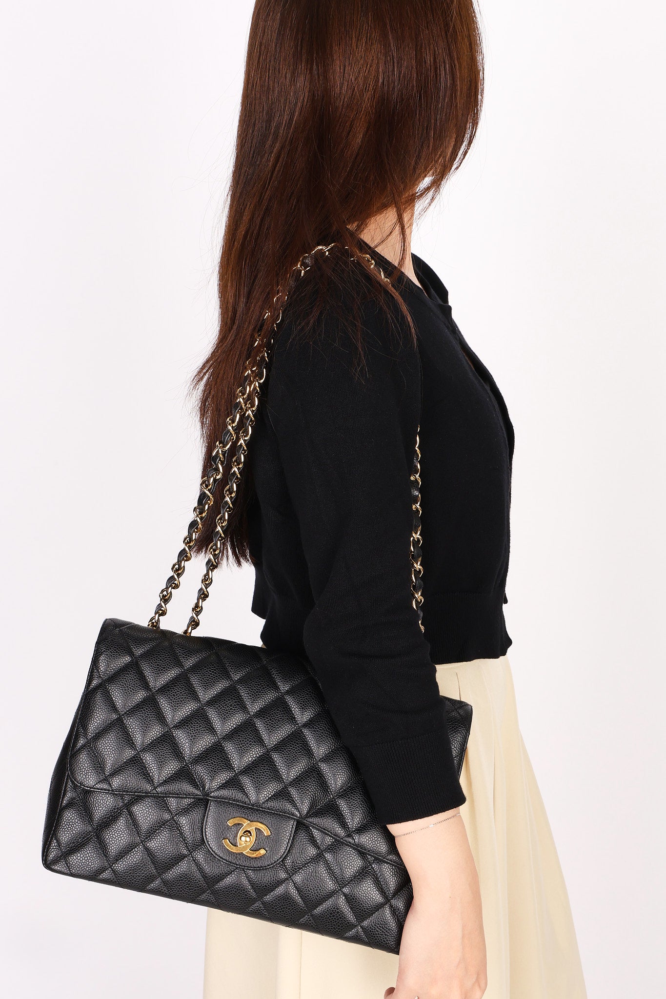 Chanel Jumbo Classic Single Flap Black Caviar 24K GP