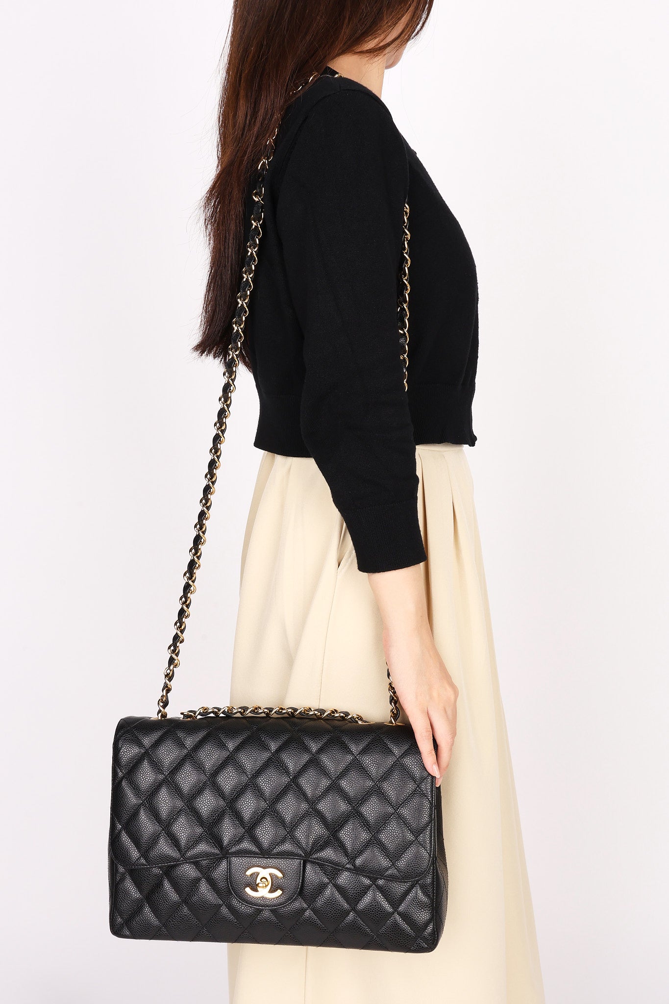 Chanel Jumbo Classic Single Flap Black Caviar 24K GP