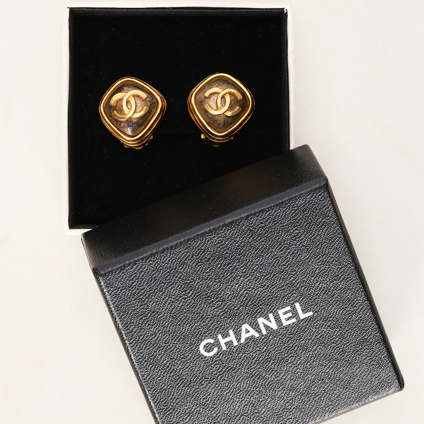 Chanel 1997 Deco Aged Ridged CC Clip-On Earrings 24K GP