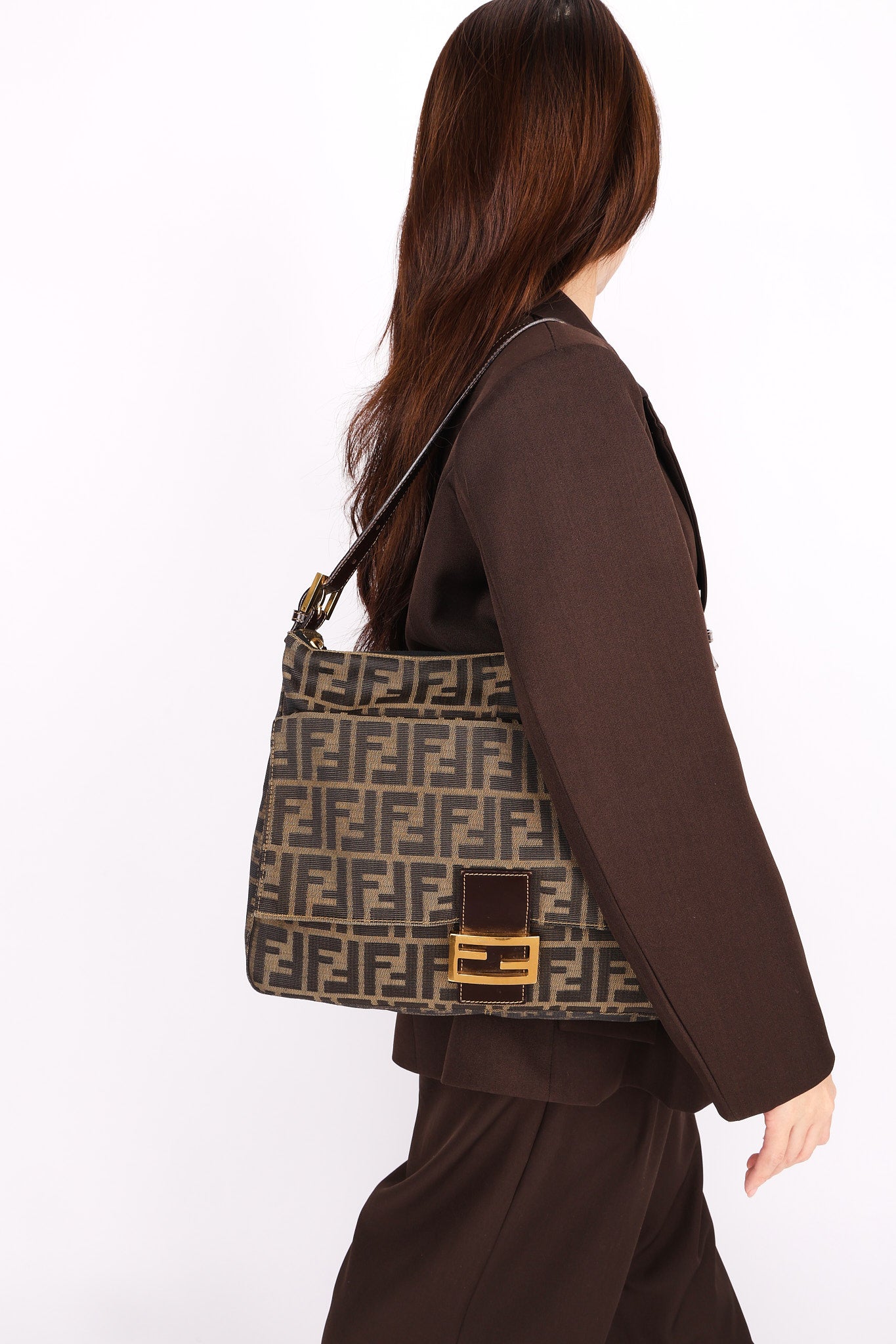 Fendi Zucca Front Pocket Baguette Shoulder Bag GHW