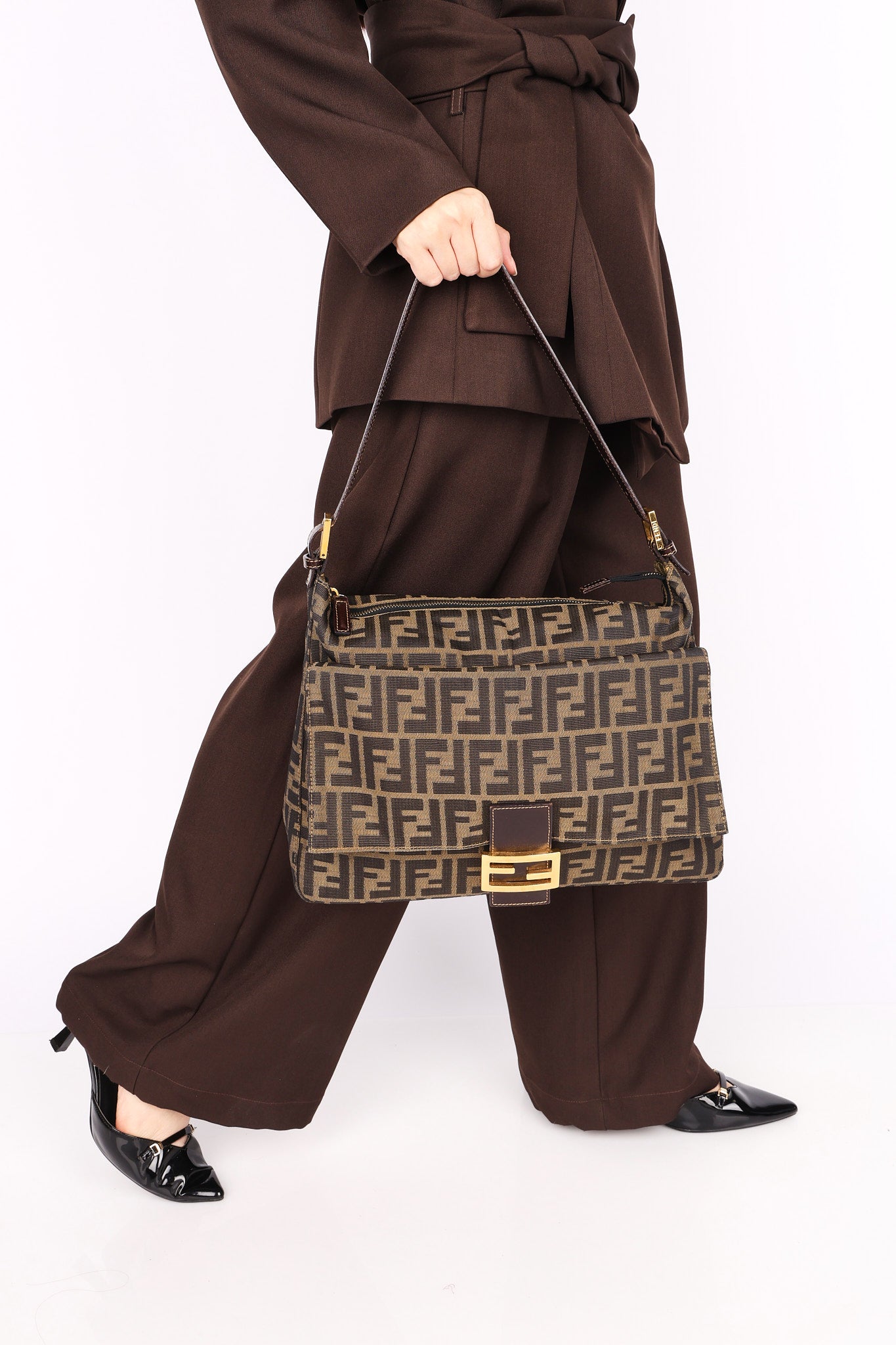 Fendi Zucca Front Pocket Baguette Shoulder Bag GHW