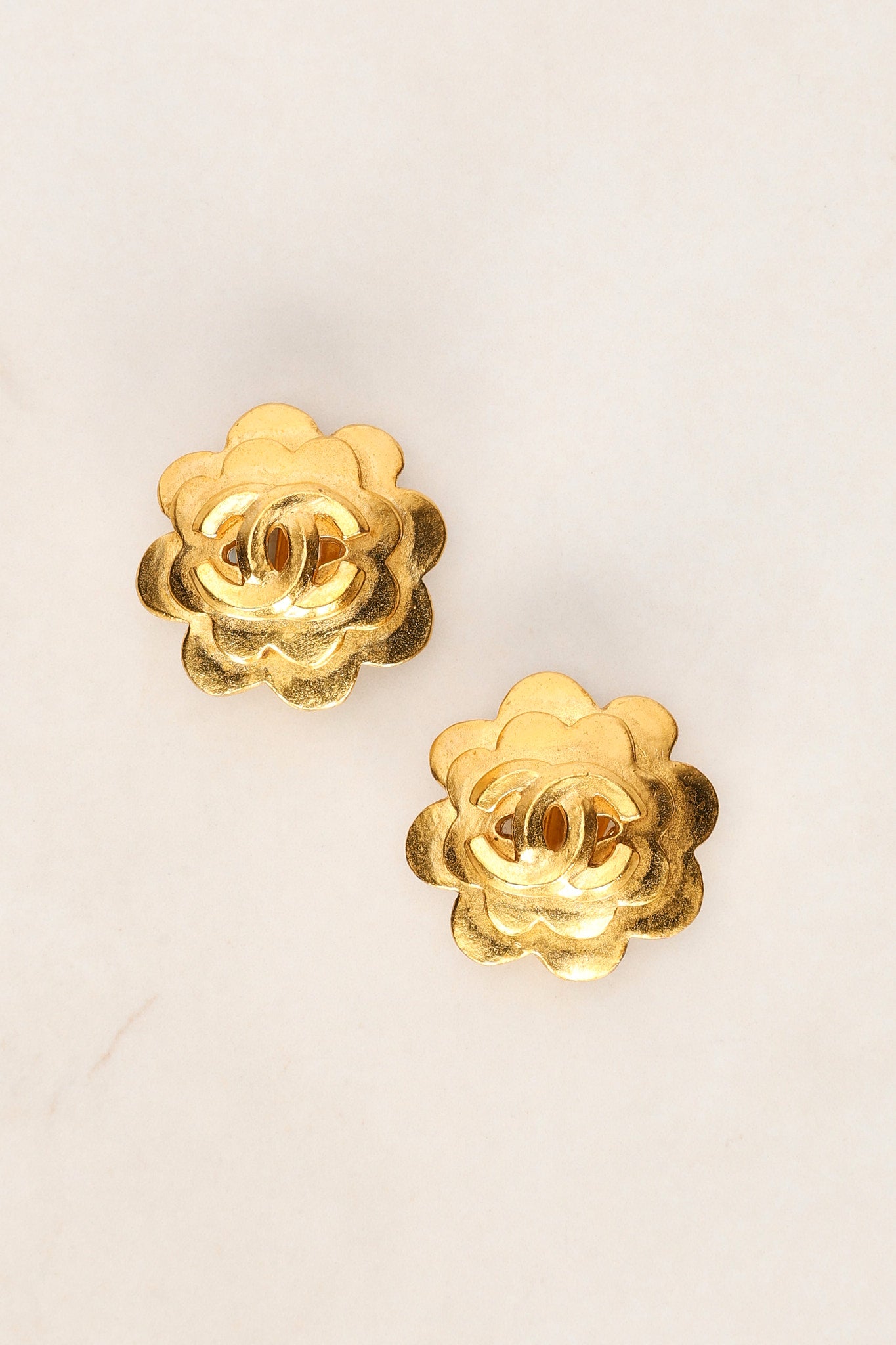 Chanel 1996 Camelia CC Clip-On Earrings 24K GP