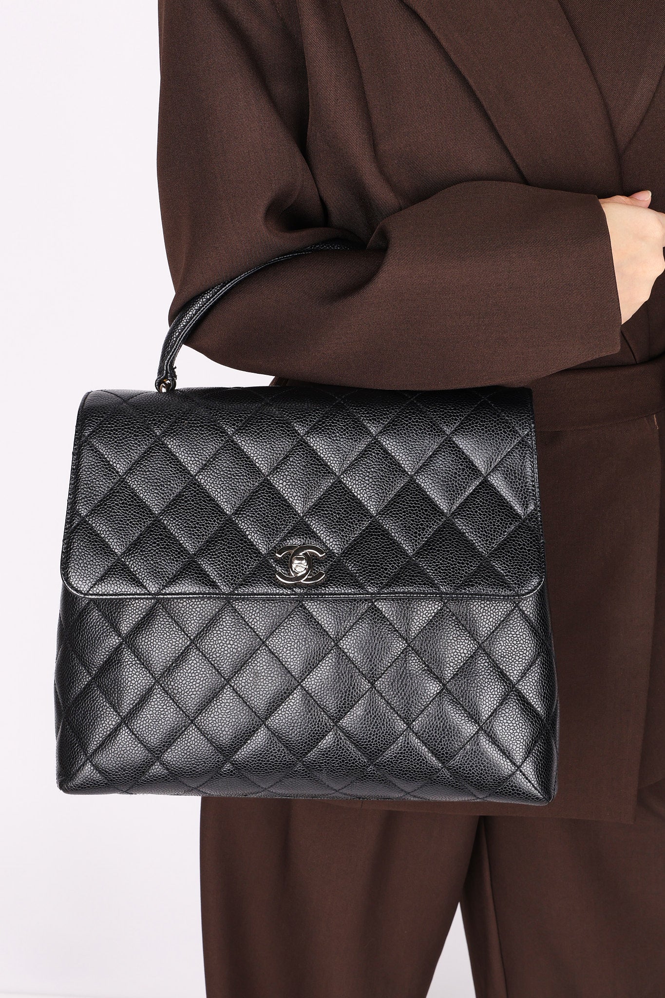 Chanel Kelly Turnlock Top Handle Bag Black Caviar SHW