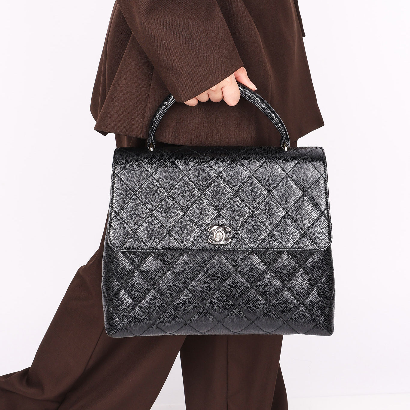 Chanel Kelly Turnlock Top Handle Bag Black Caviar SHW