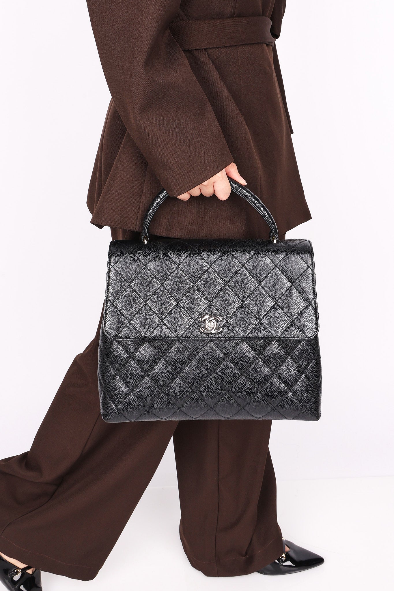 Chanel Kelly Turnlock Top Handle Bag Black Caviar SHW