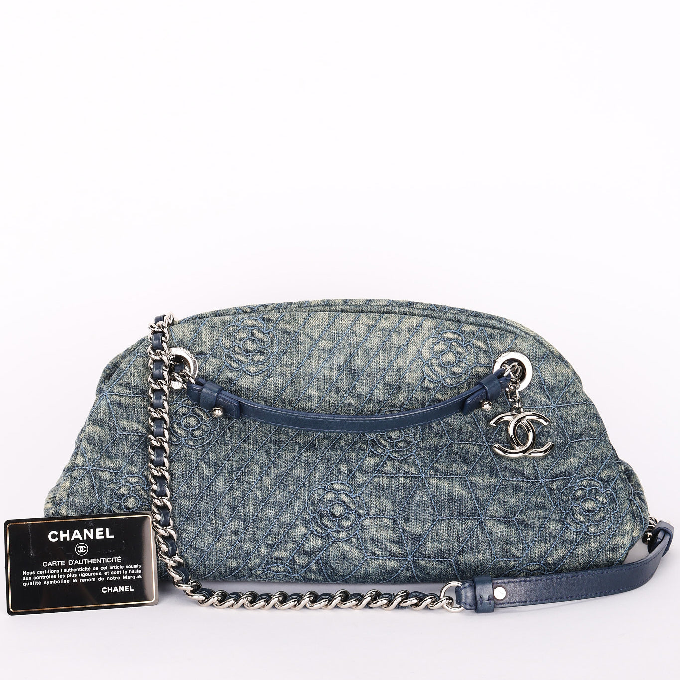 Chanel Just Mademoiselle Denim Camellia Bowler Bag SHW