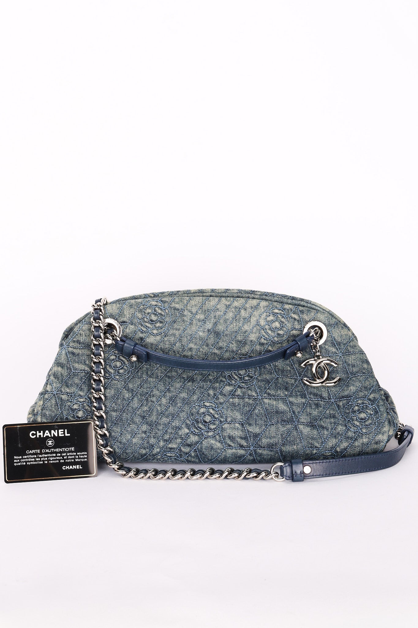Chanel Just Mademoiselle Denim Camellia Bowler Bag SHW