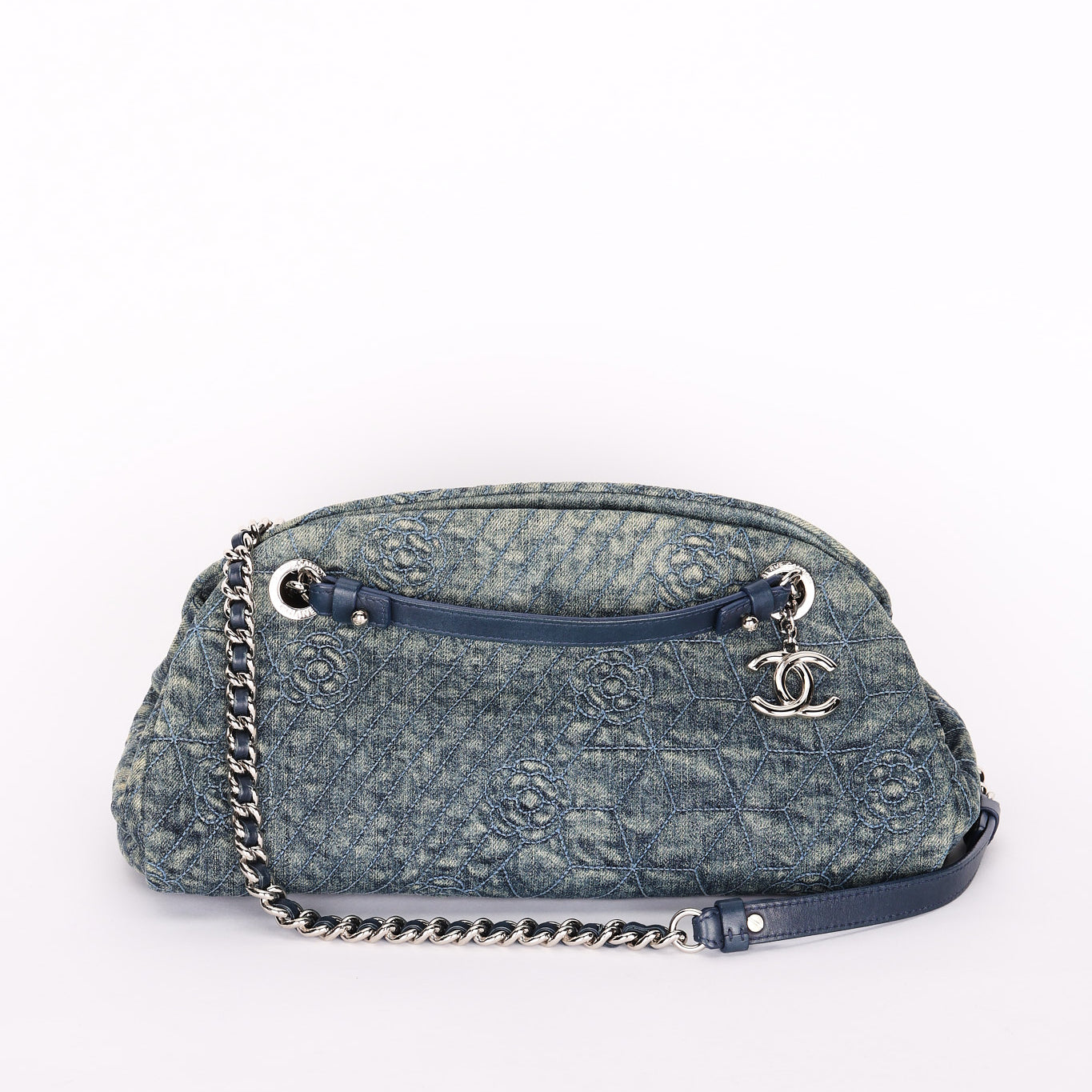 Chanel Just Mademoiselle Denim Camellia Bowler Bag SHW