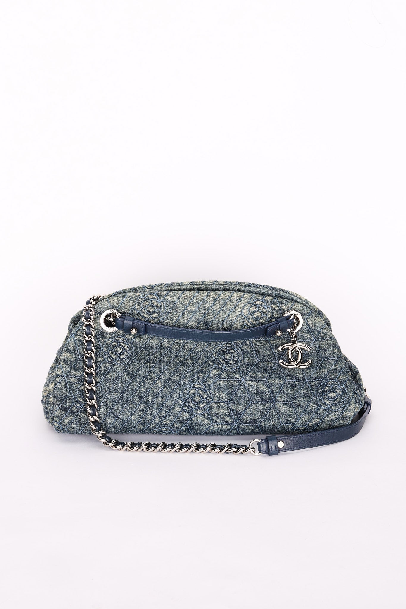 Chanel Just Mademoiselle Denim Camellia Bowler Bag SHW