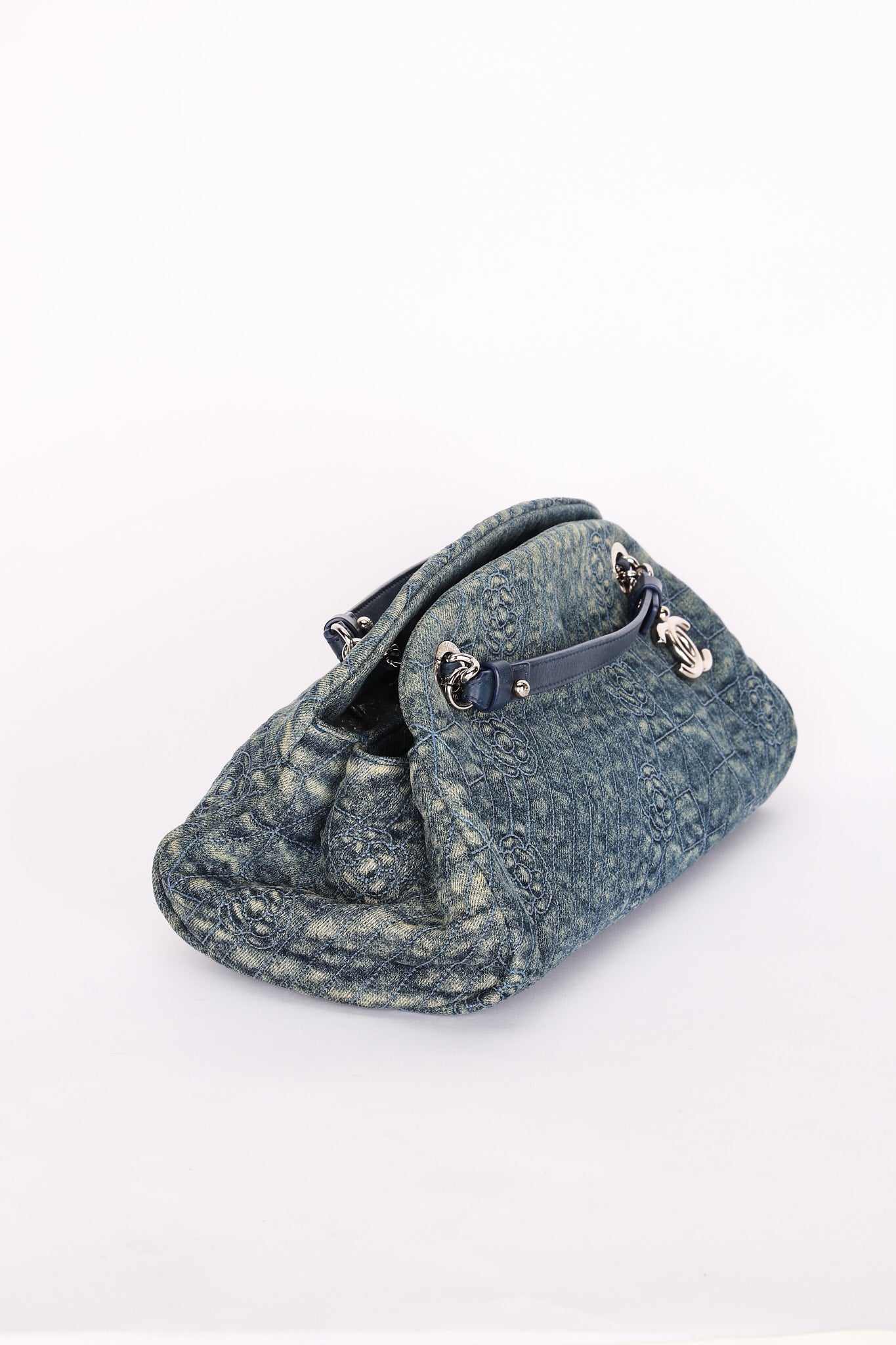 Chanel Just Mademoiselle Denim Camellia Bowler Bag SHW